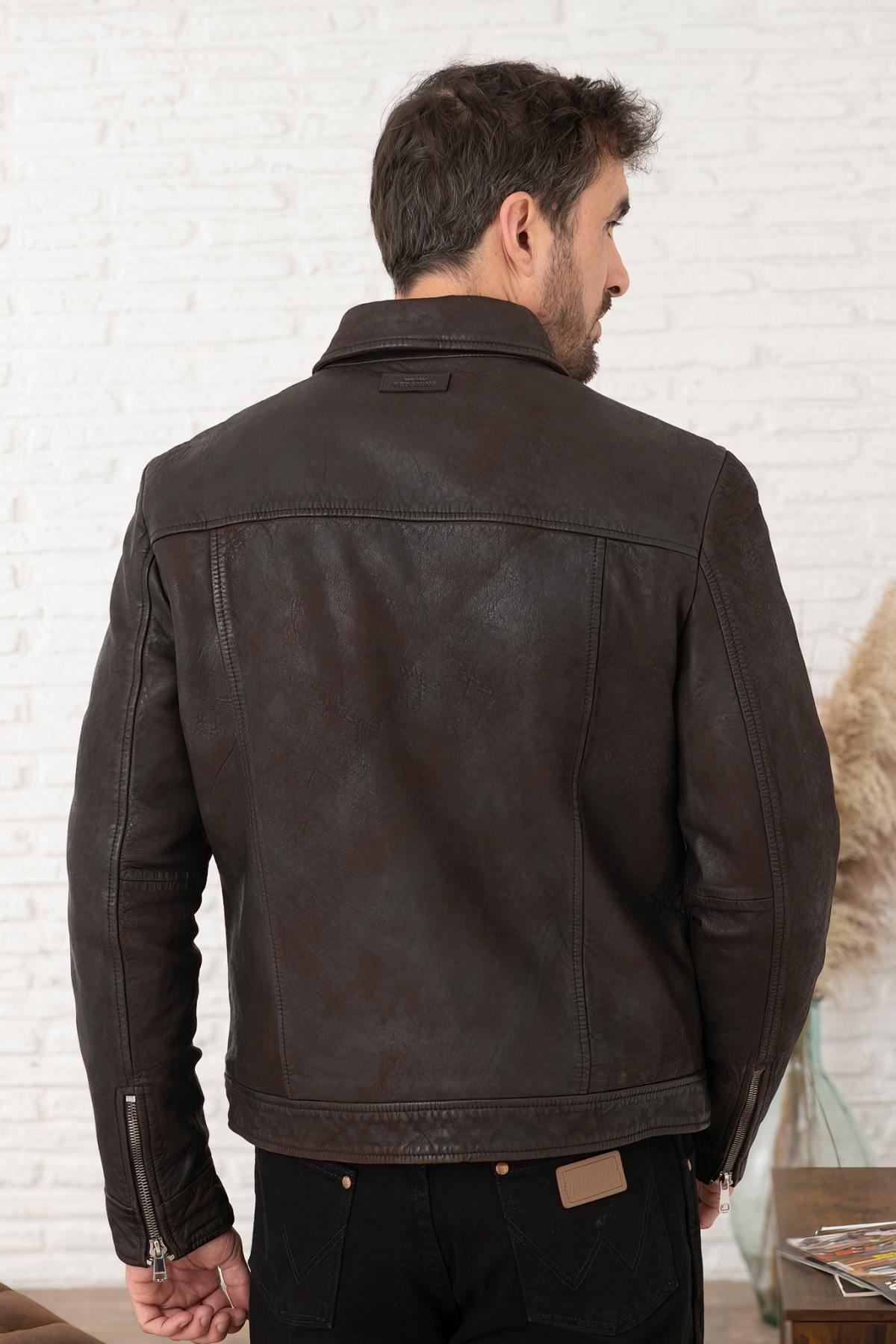 Brown leather jacket with shirt collar - Image n°3