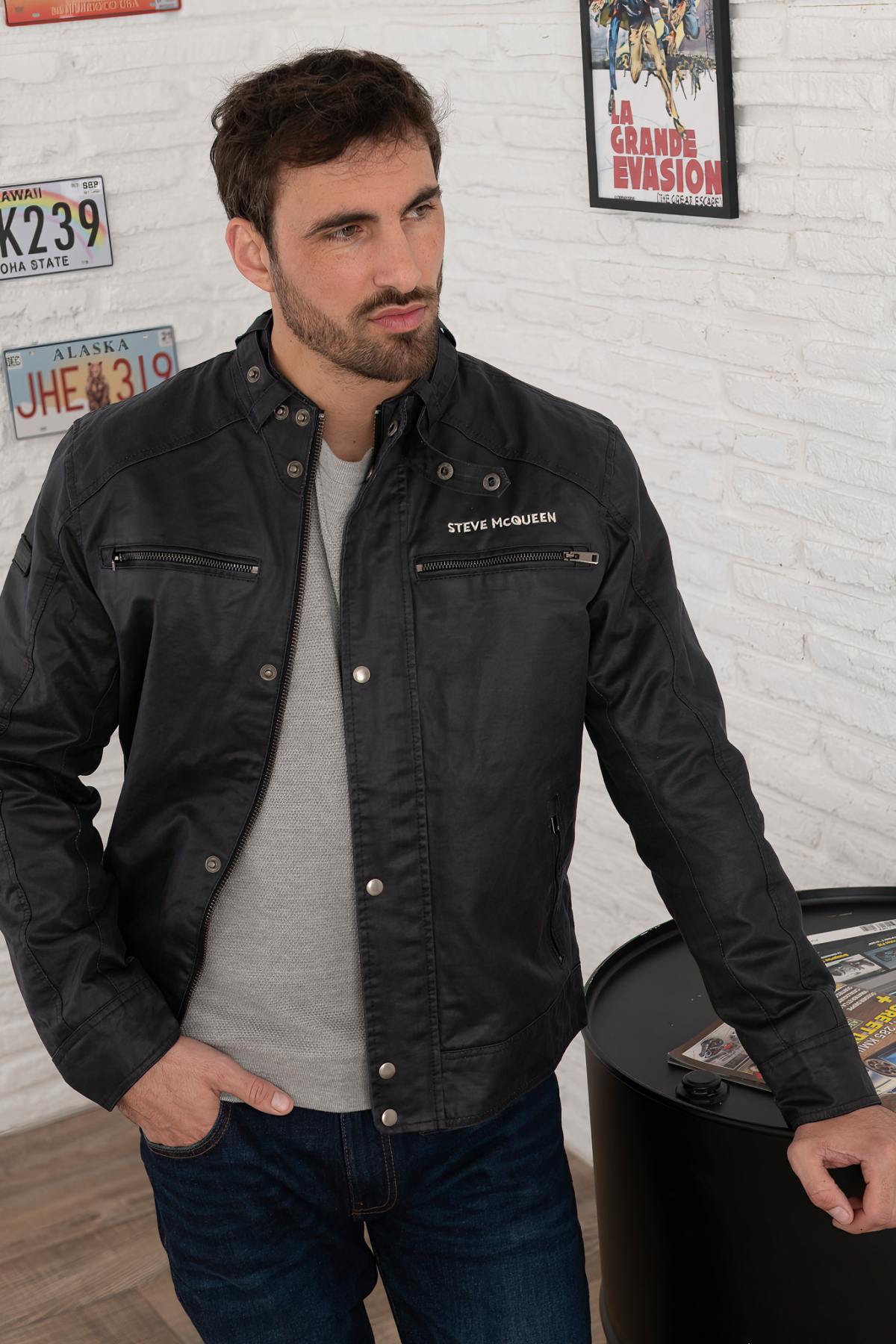 Navy blue racing cotton jacket for men - Image n°1