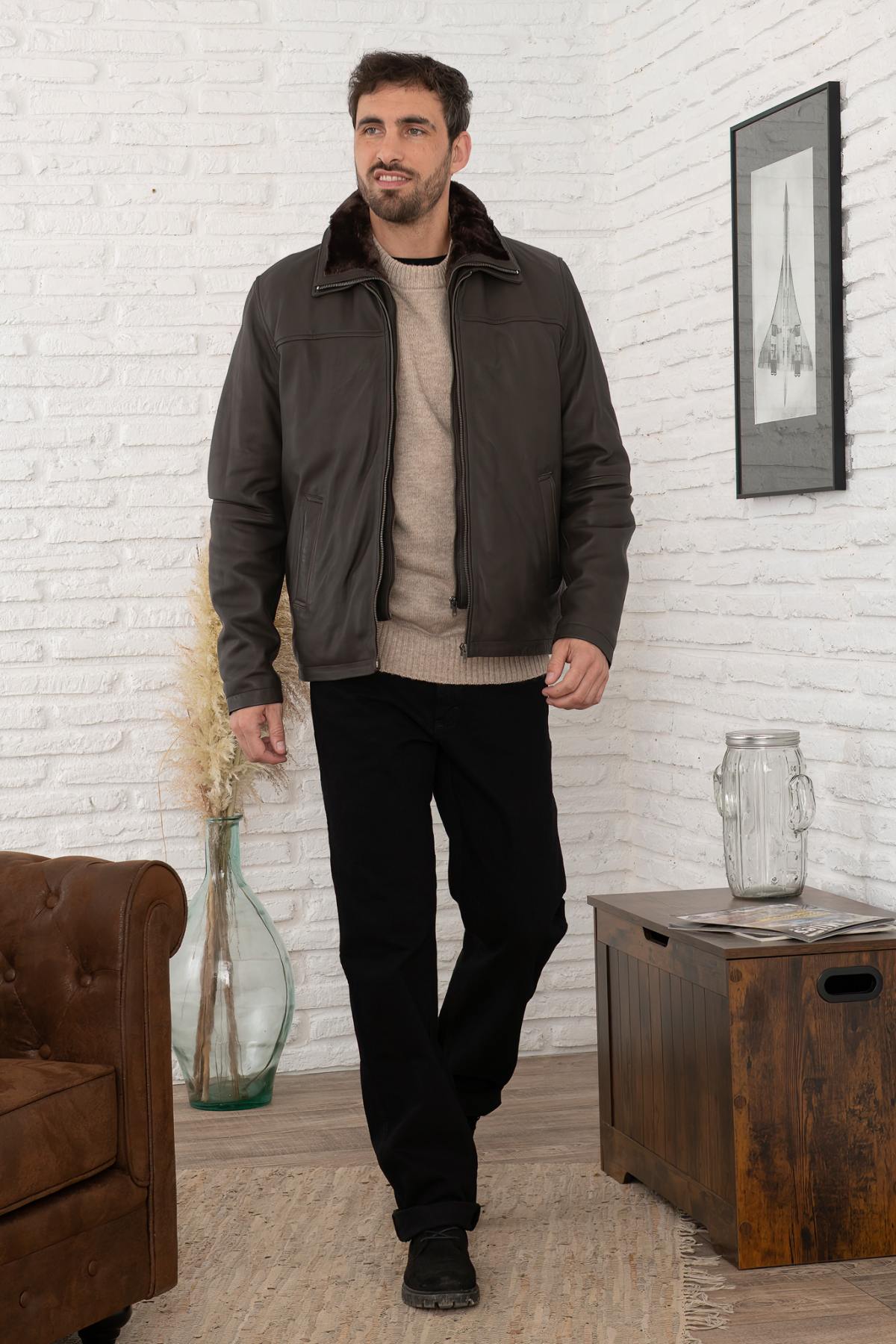 Dark brown leather jacket with stand-up collar and removable facing - Image n°3