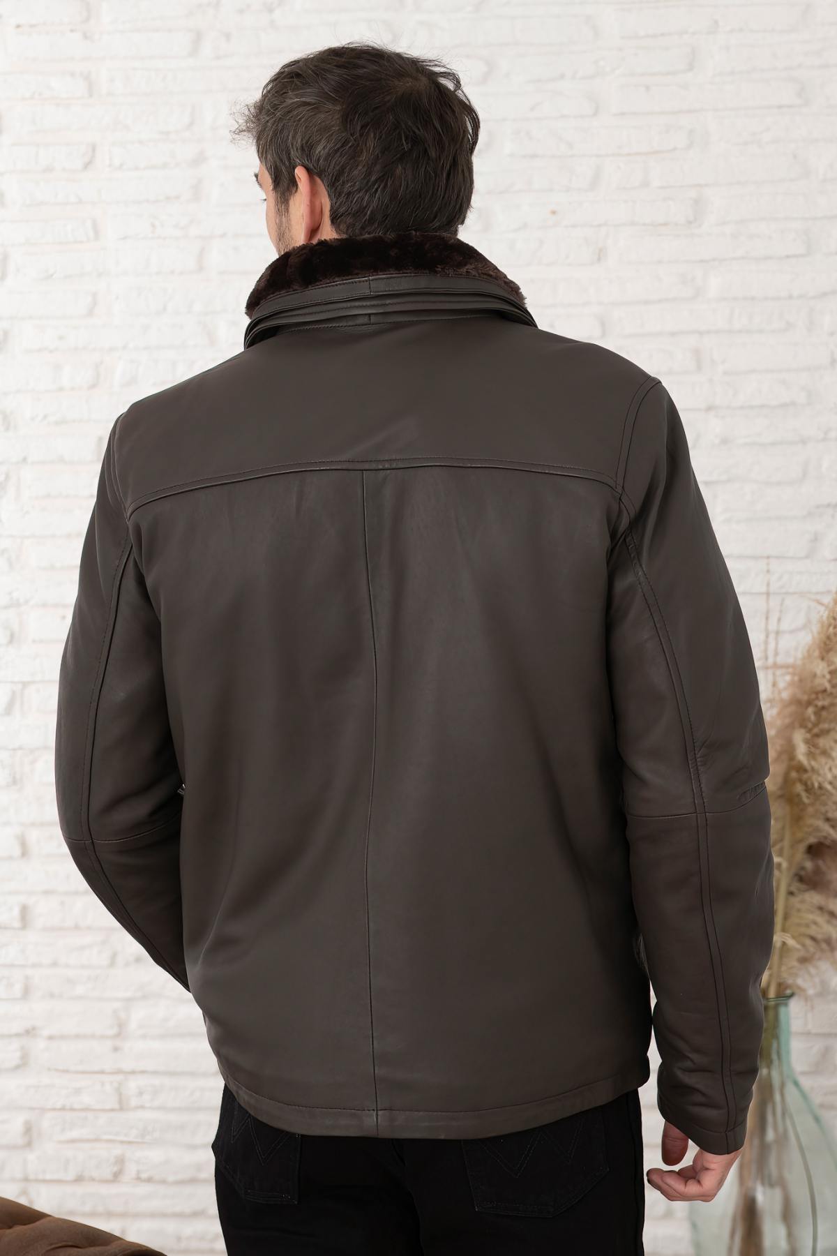 Dark brown leather jacket with stand-up collar and removable facing - Image n°5