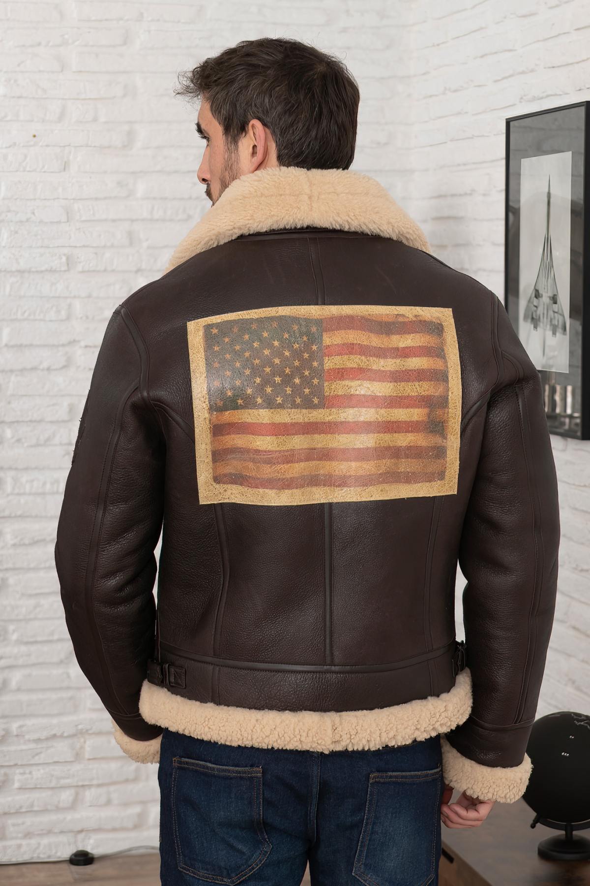 Sheepskin bomber jacket with embroidered US flag on the back - Image n°1