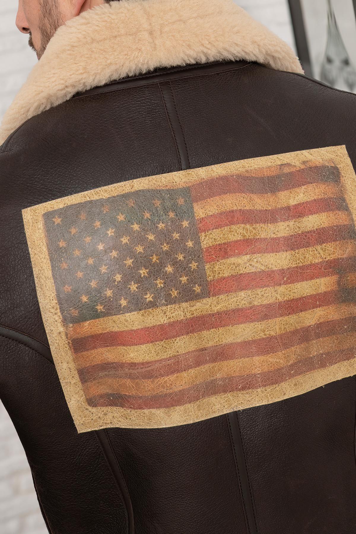 Sheepskin bomber jacket with embroidered US flag on the back - Image n°6