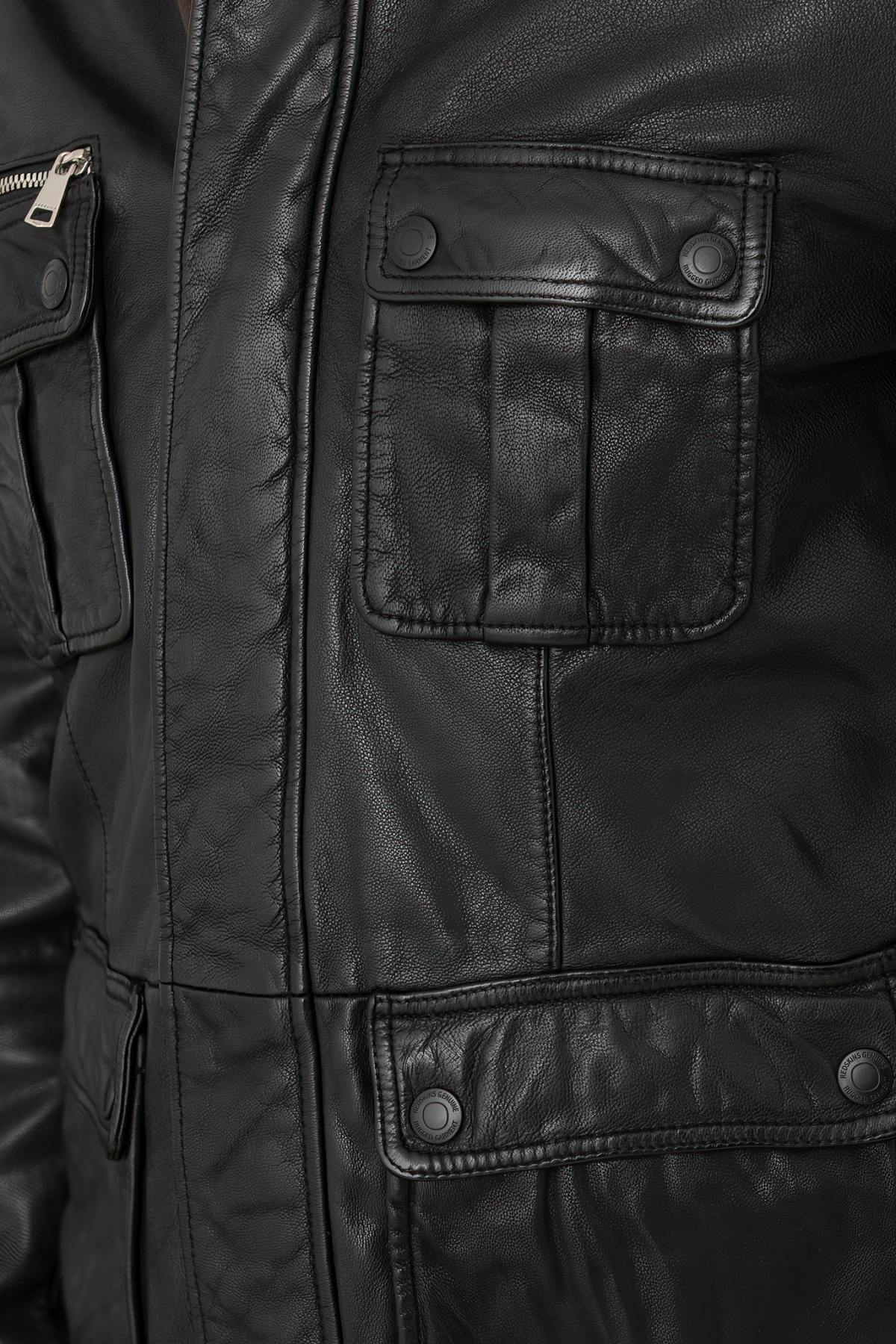 Mid-length black leather jacket with multiple pockets - Image n°3