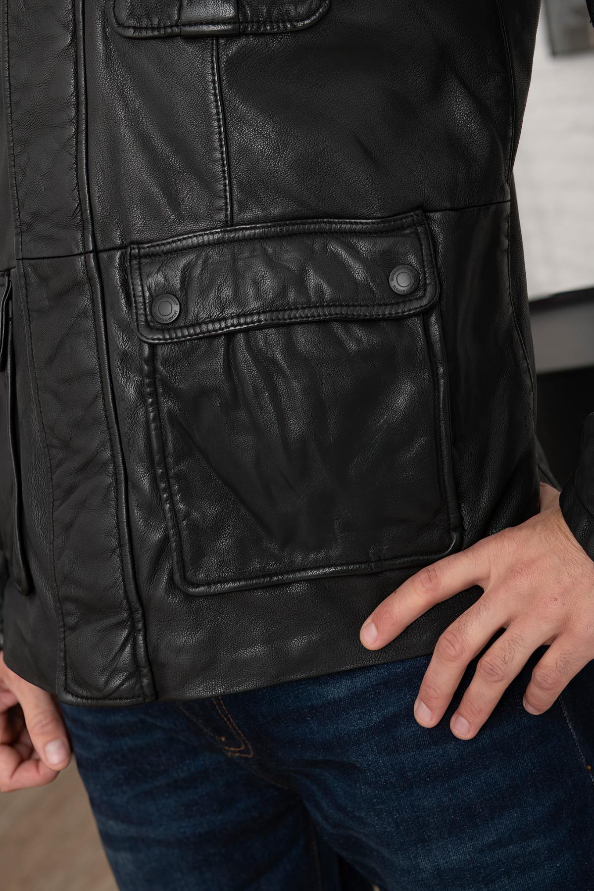 Mid-length black leather jacket with multiple pockets - Image n°5