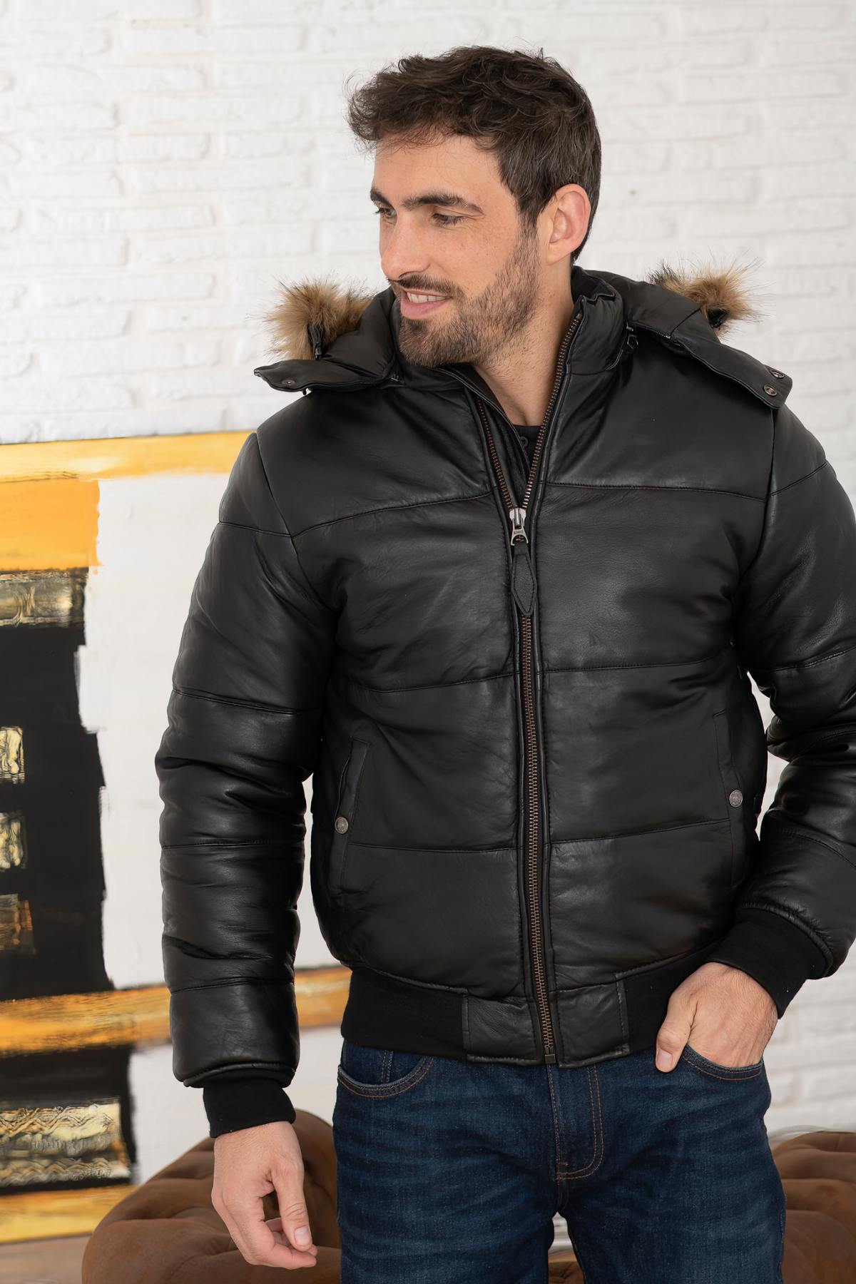 Black leather down jacket with fur collar hood - Image n°1