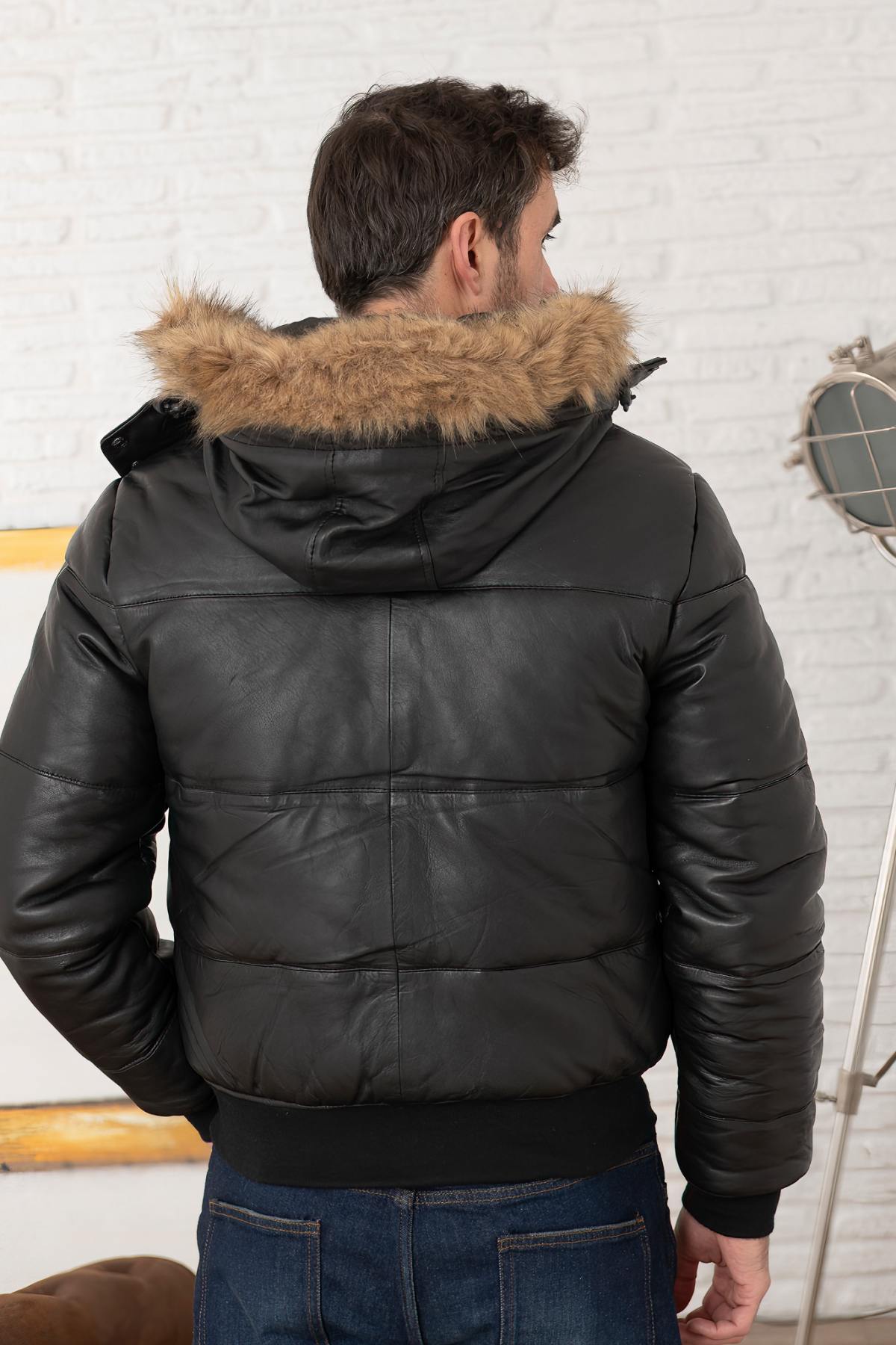 Black leather down jacket with fur collar hood - Image n°3