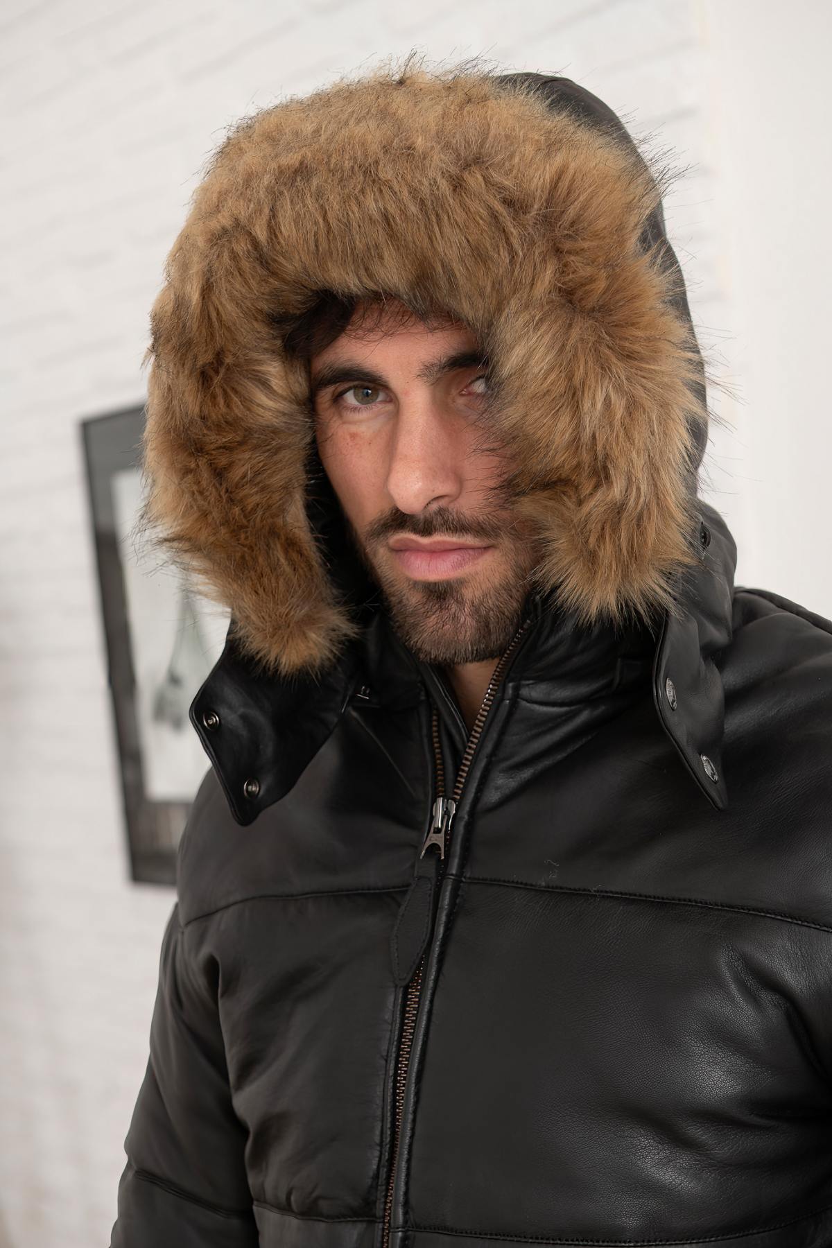 Black leather down jacket with fur collar hood - Image n°5