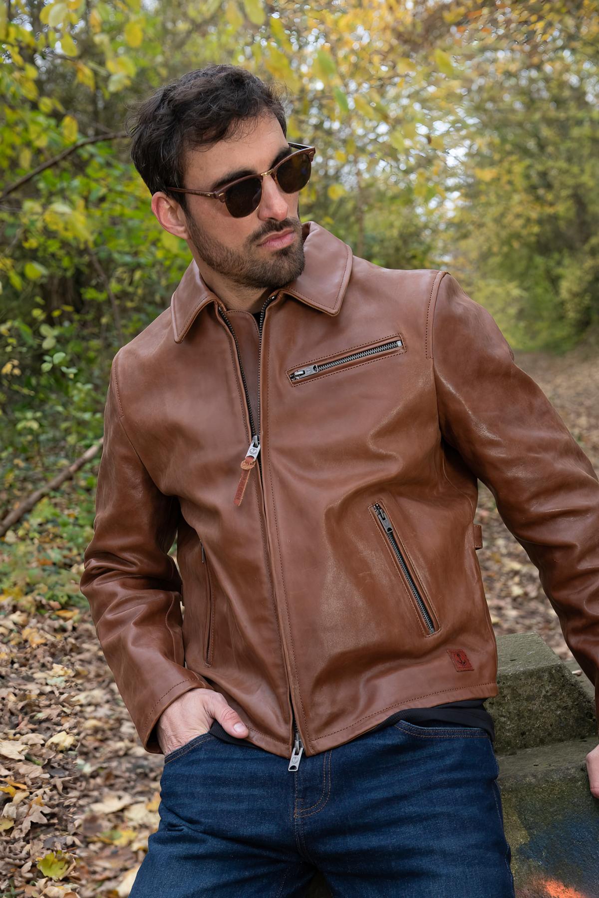 Cognac-colored horsehide jacket with shirt collar - Image n°6