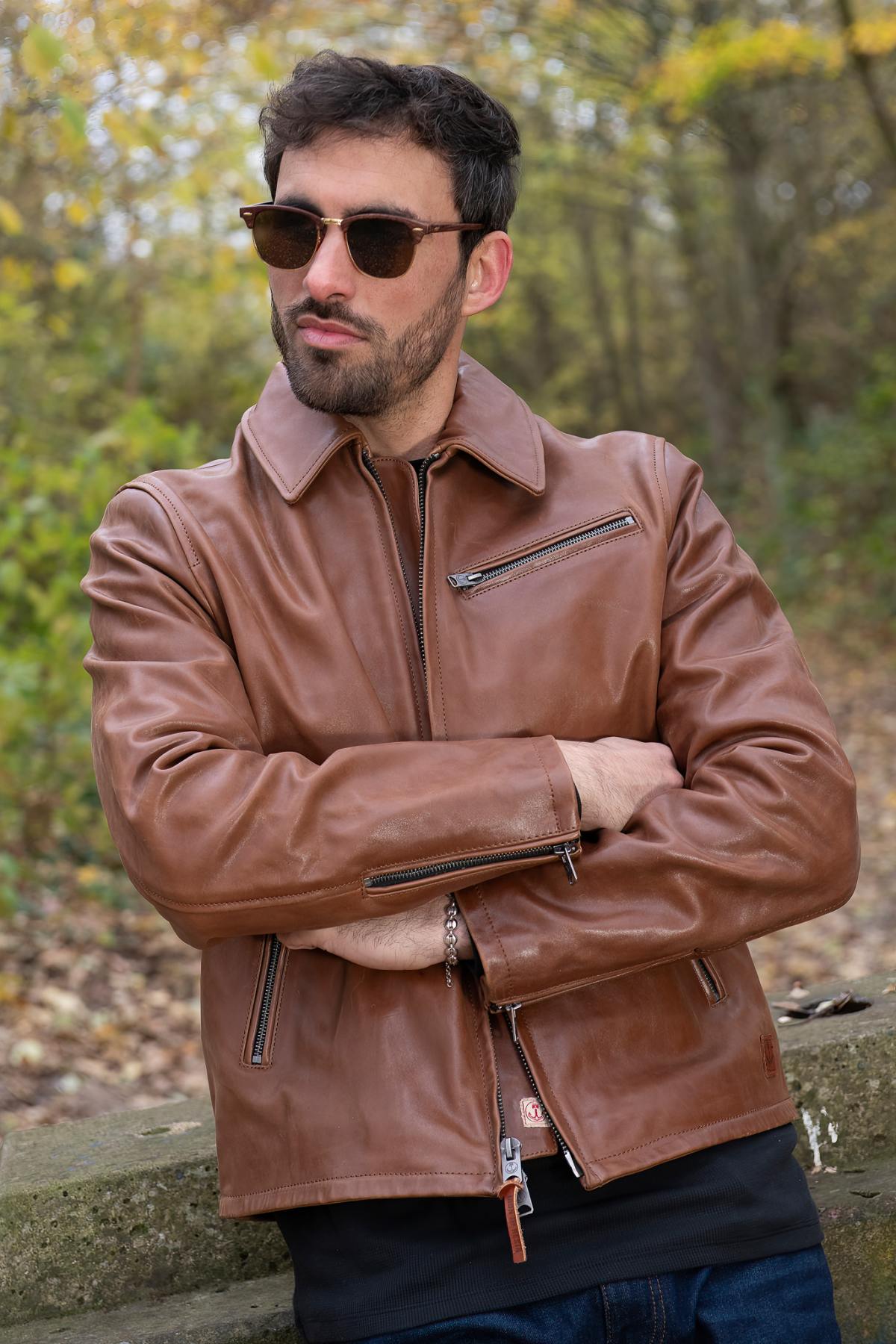 Cognac-colored horsehide jacket with shirt collar - Image n°2