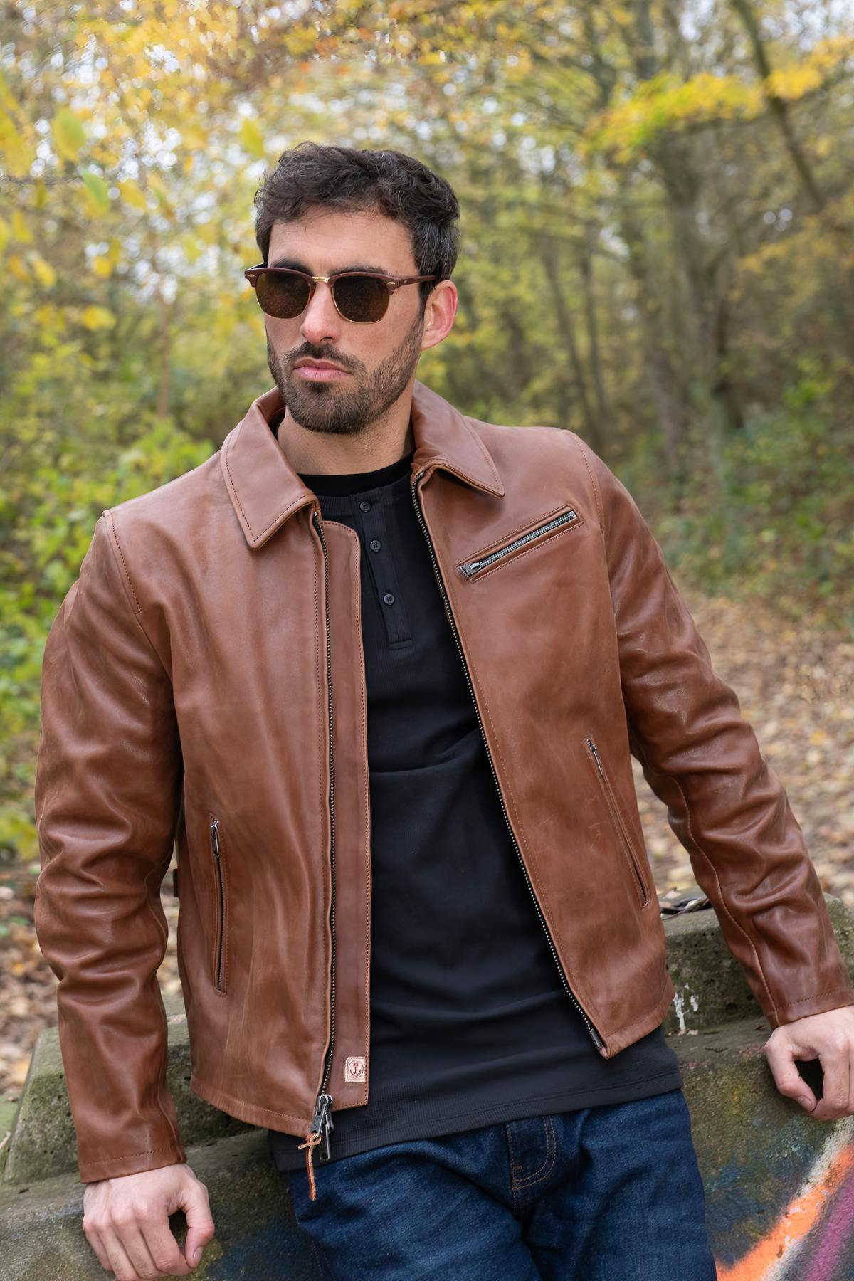 Cognac-colored horsehide jacket with shirt collar - Image n°1