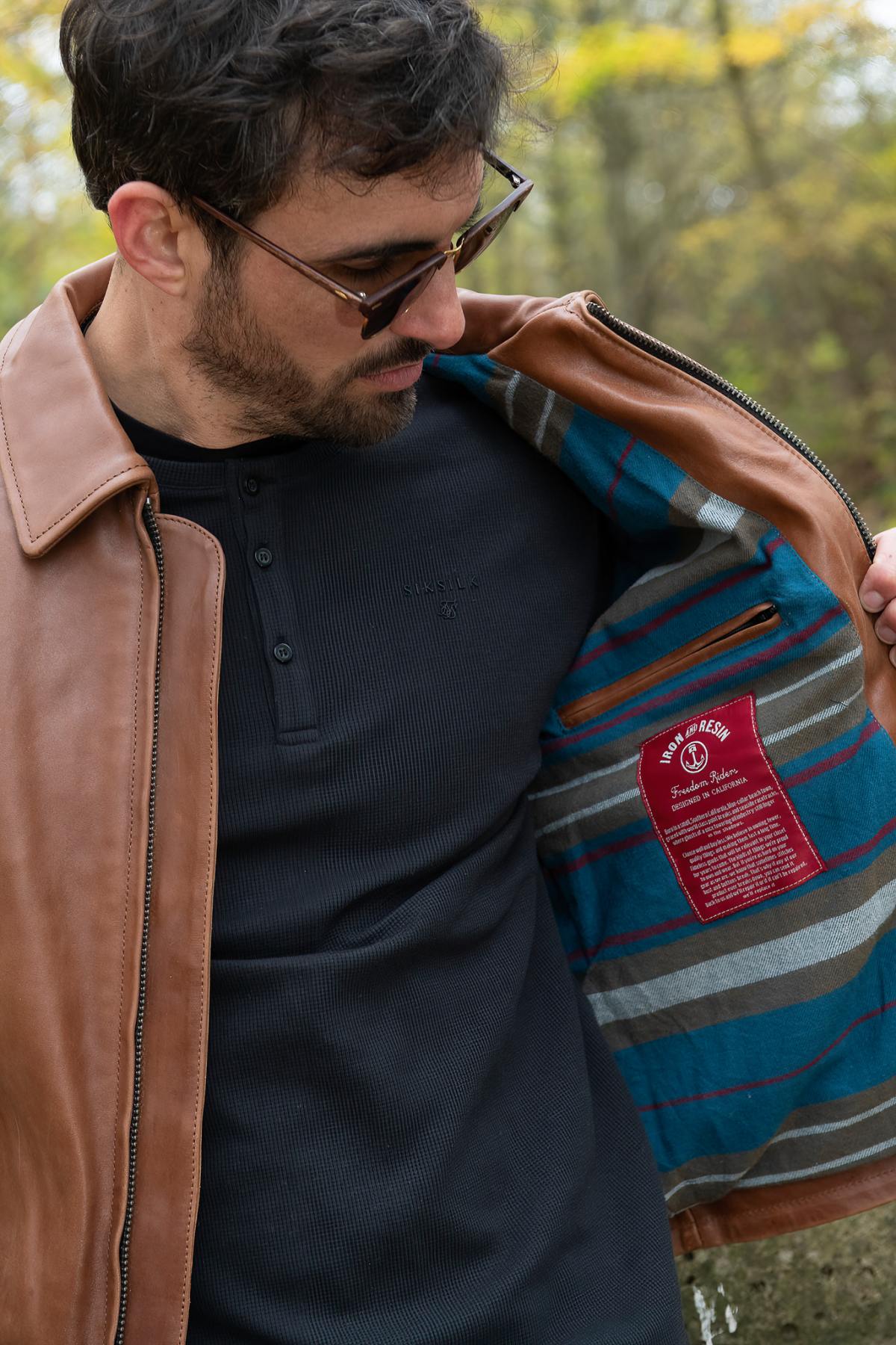 Cognac-colored horsehide jacket with shirt collar - Image n°8