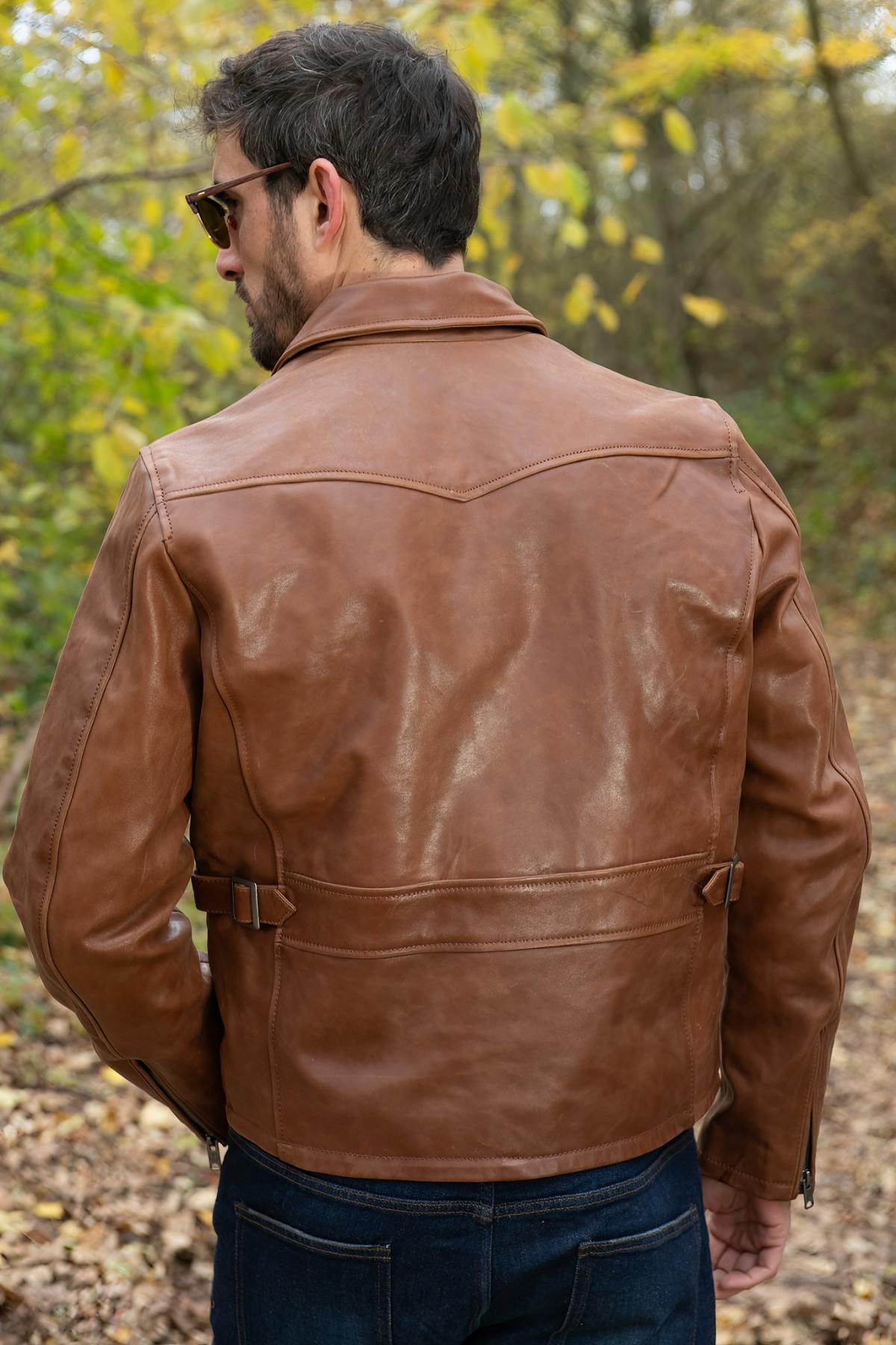 Cognac-colored horsehide jacket with shirt collar - Image n°4