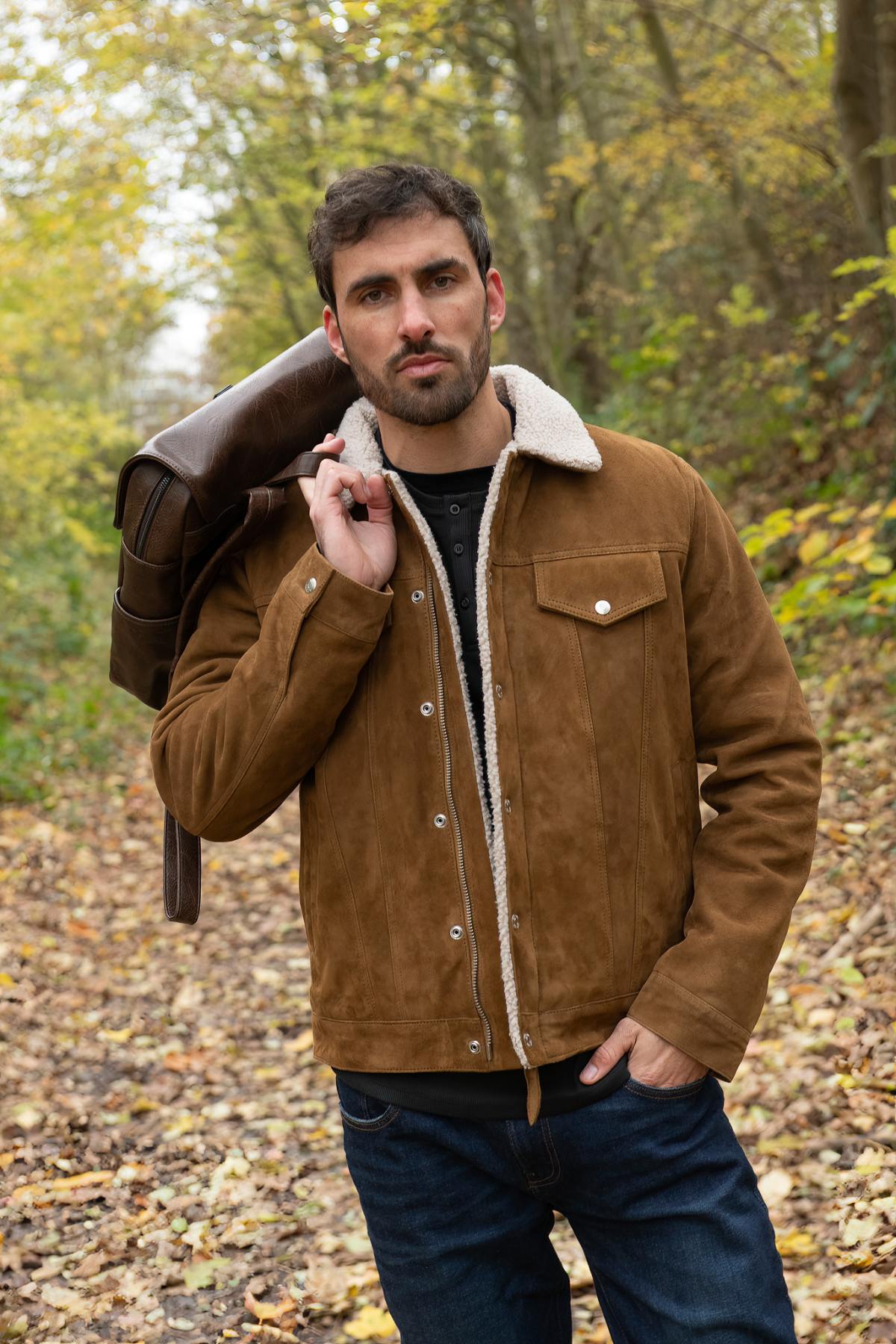 Cognac-colored suede leather trucker jacket - Image n°8