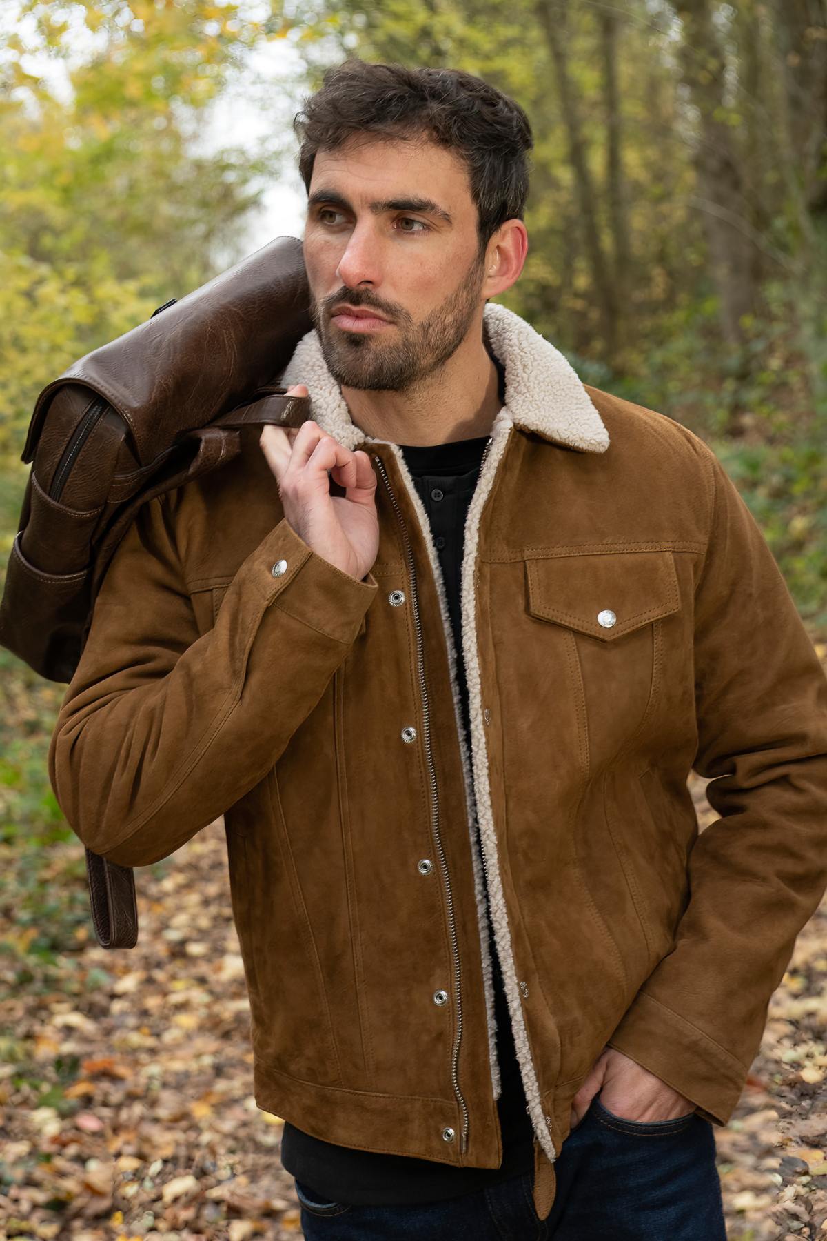 Cognac-colored suede leather trucker jacket - Image n°1