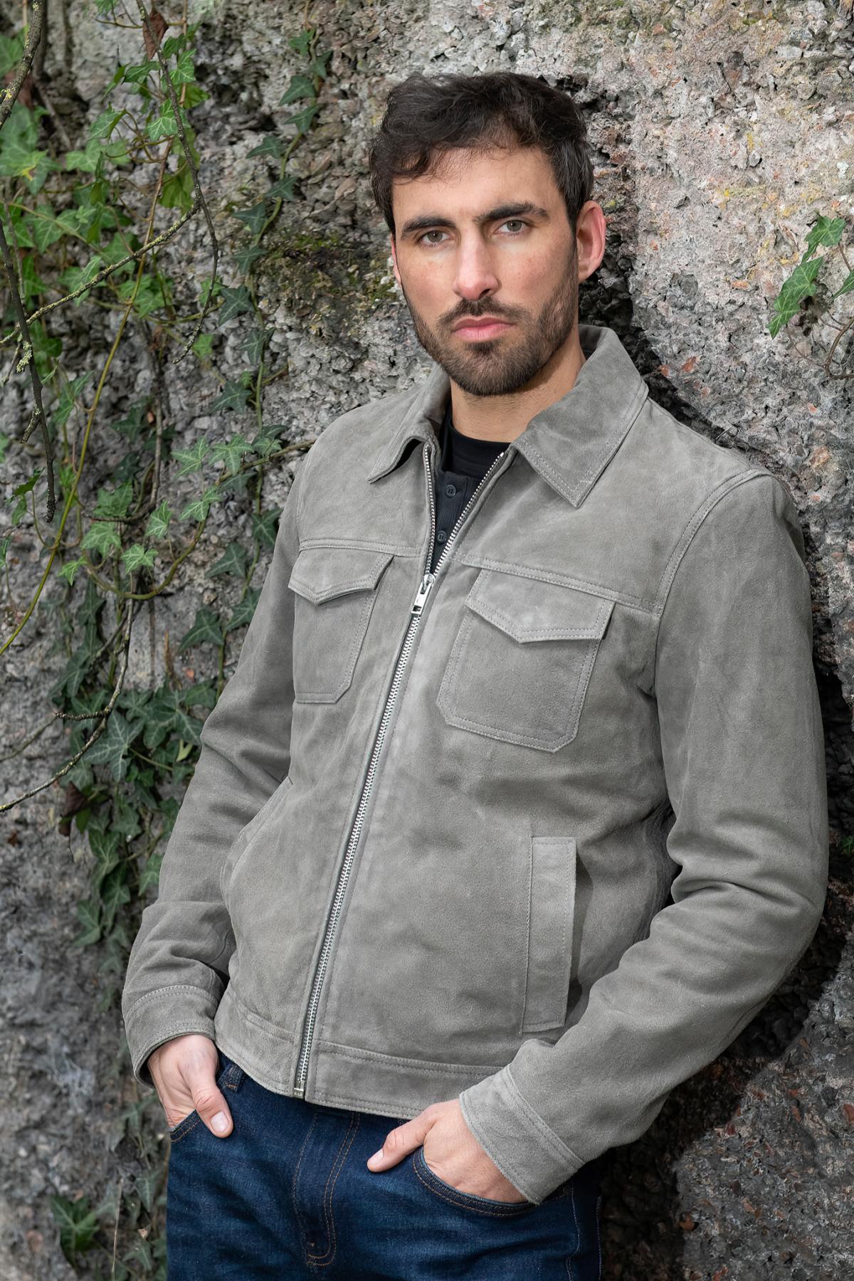 Grey suede leather jacket with shirt collar - Image n°3