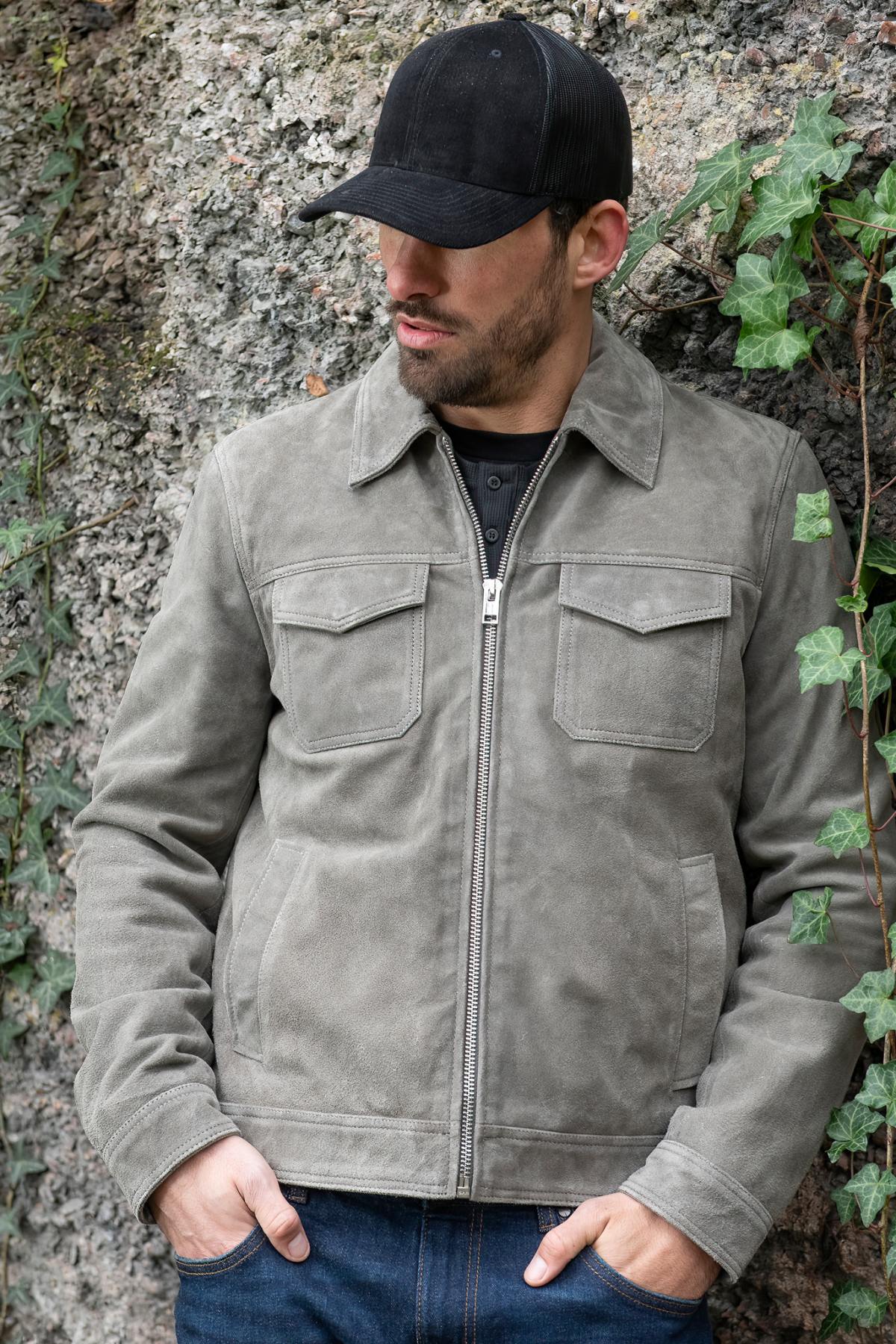 Grey suede leather jacket with shirt collar - Image n°6