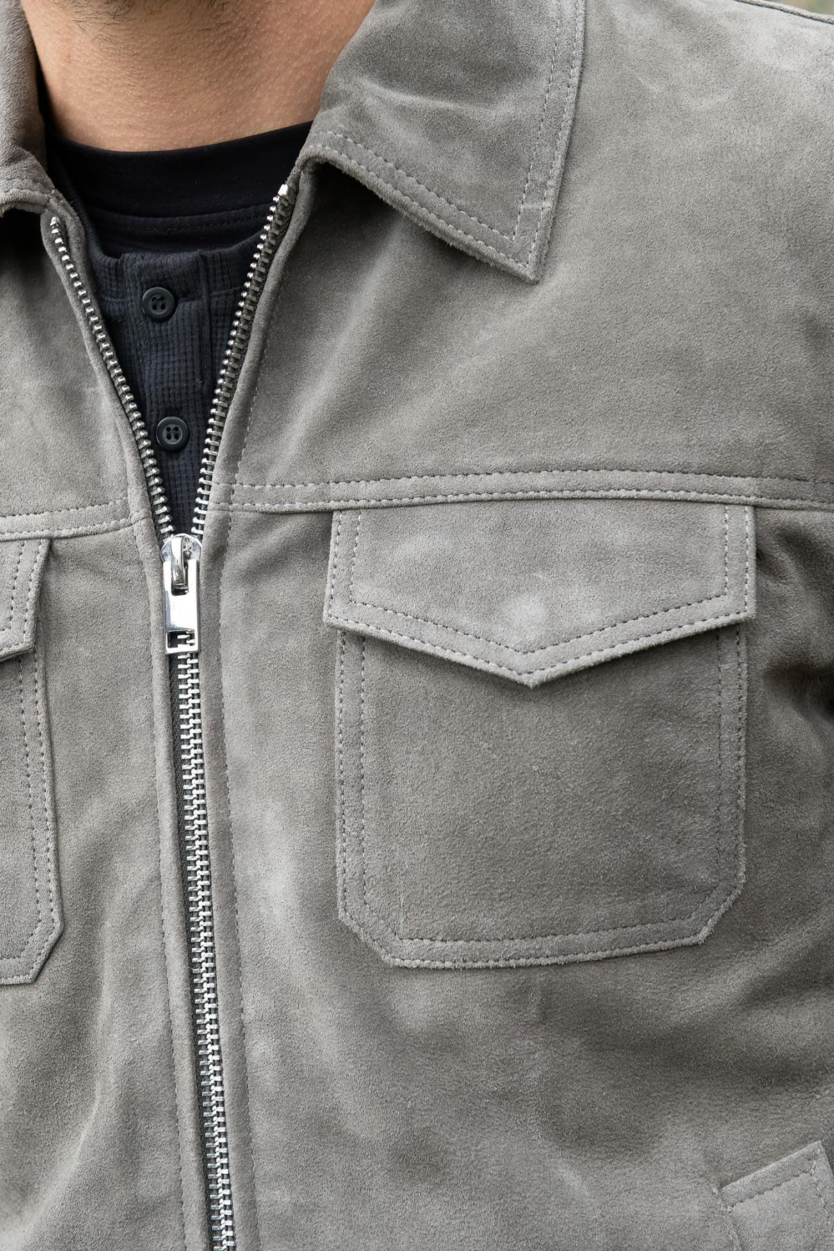 Grey suede leather jacket with shirt collar - Image n°2