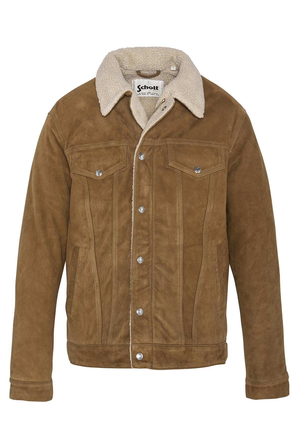 Cognac-colored suede leather trucker jacket - Image n°6