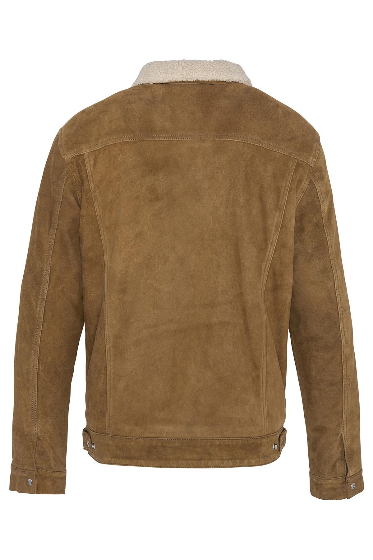 Cognac-colored suede leather trucker jacket - Image n°7