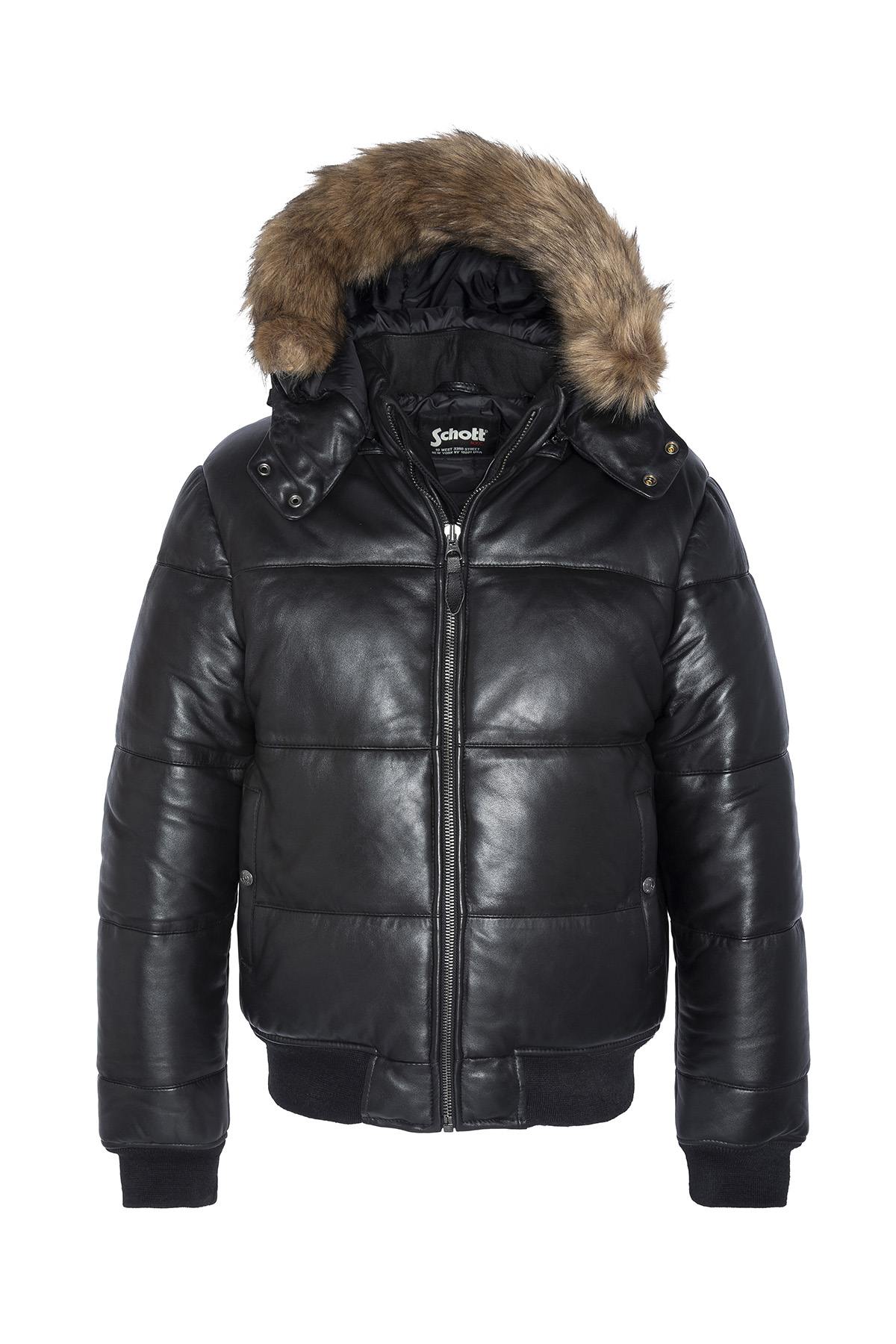 Black leather down jacket with fur collar hood - Image n°6