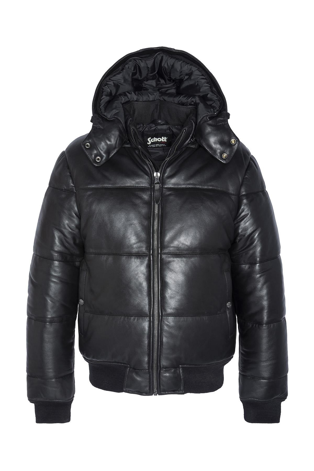 Black leather down jacket with fur collar hood - Image n°7