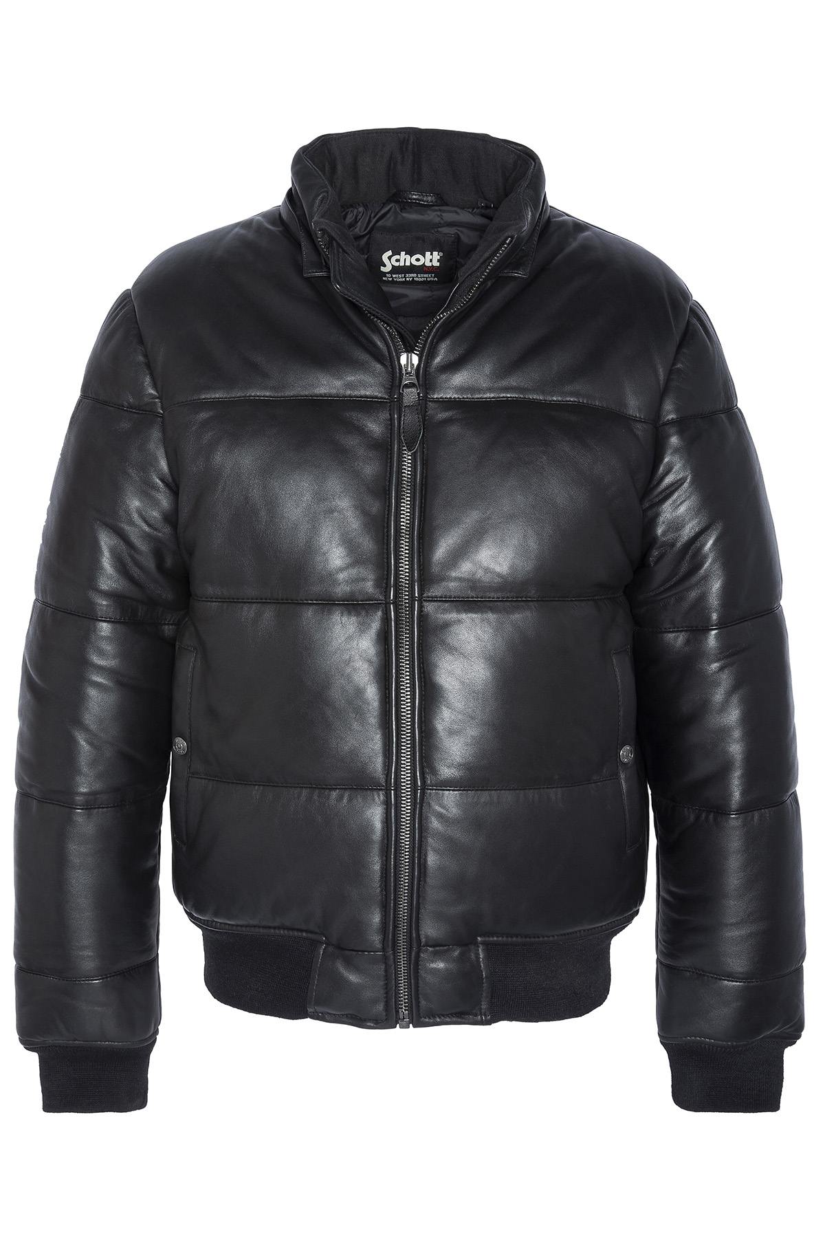 Black leather down jacket with fur collar hood - Image n°8