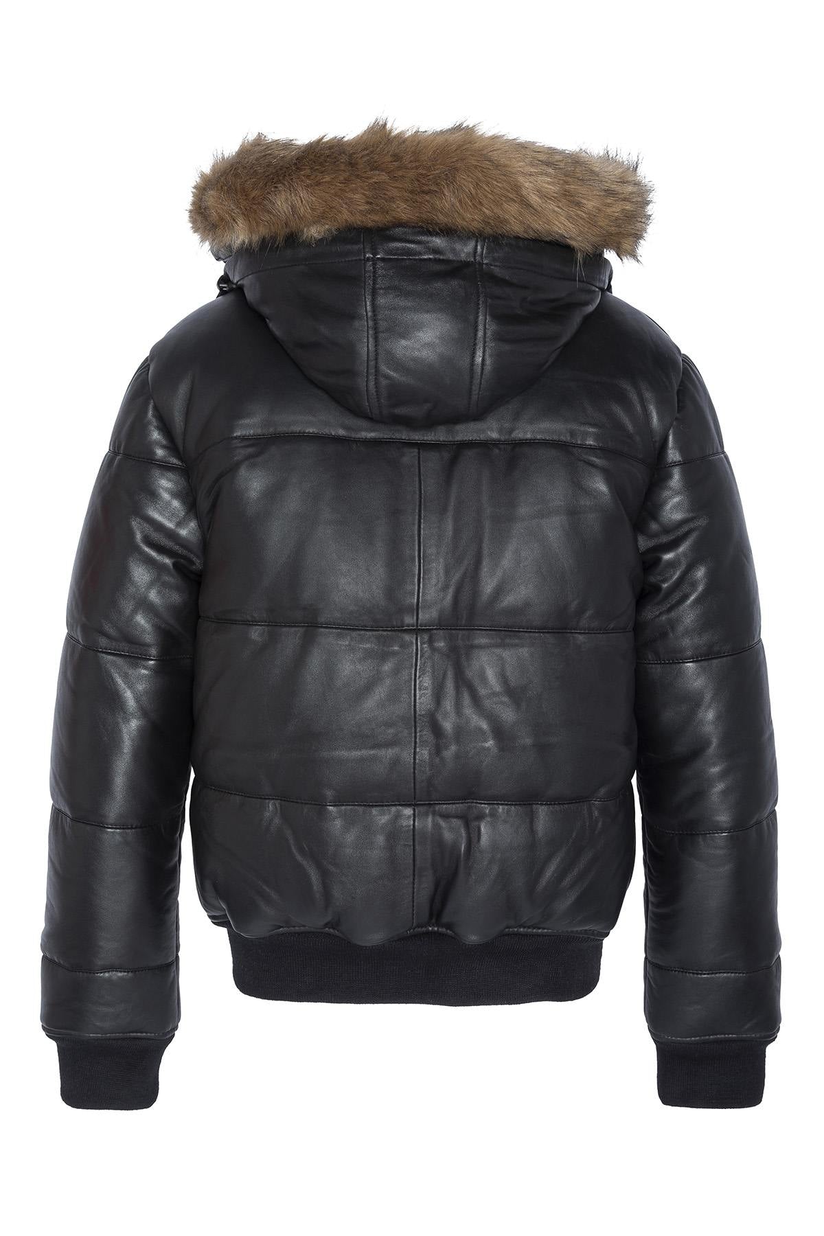 Black leather down jacket with fur collar hood - Image n°9