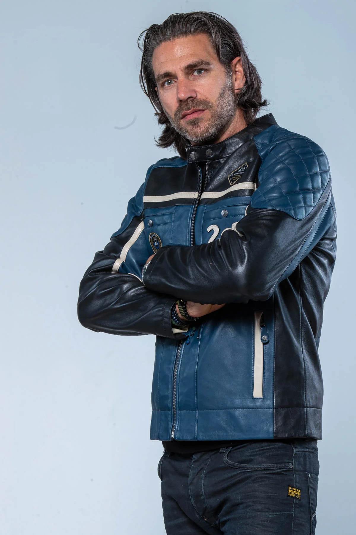 Blue and black leather racing jacket - Image n°3