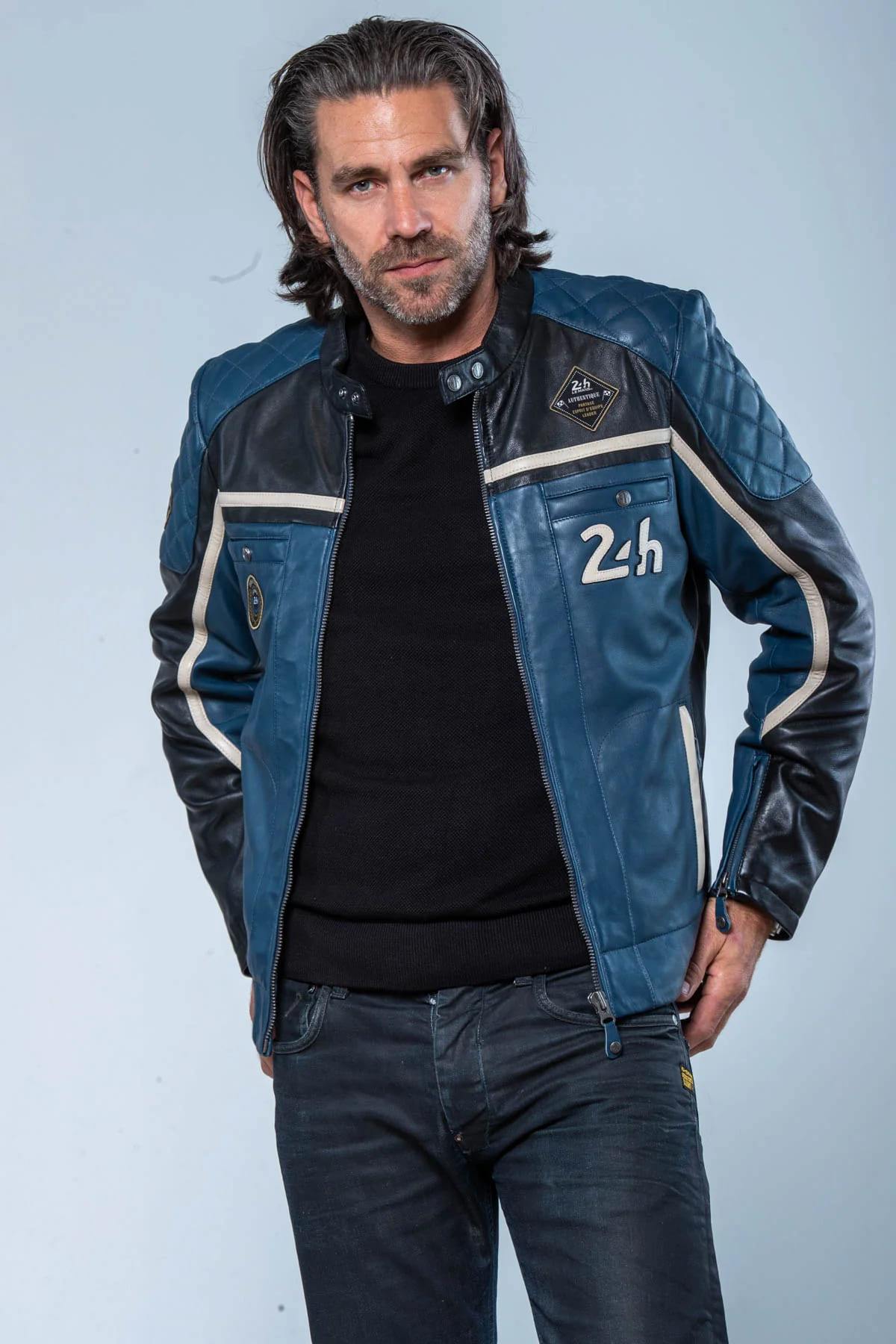 Blue and black leather racing jacket - Image n°2