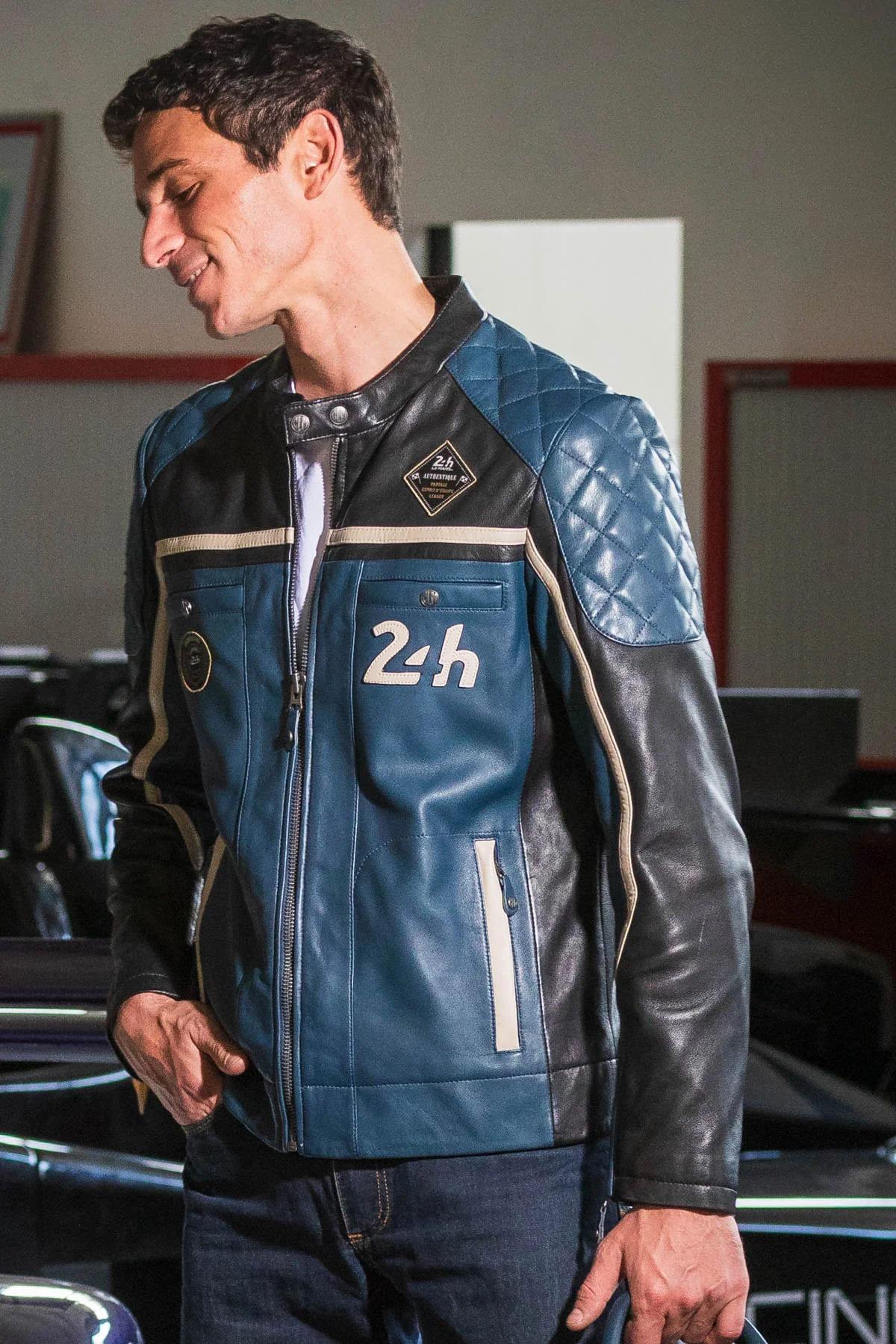 Blue and black leather racing jacket - Image n°1