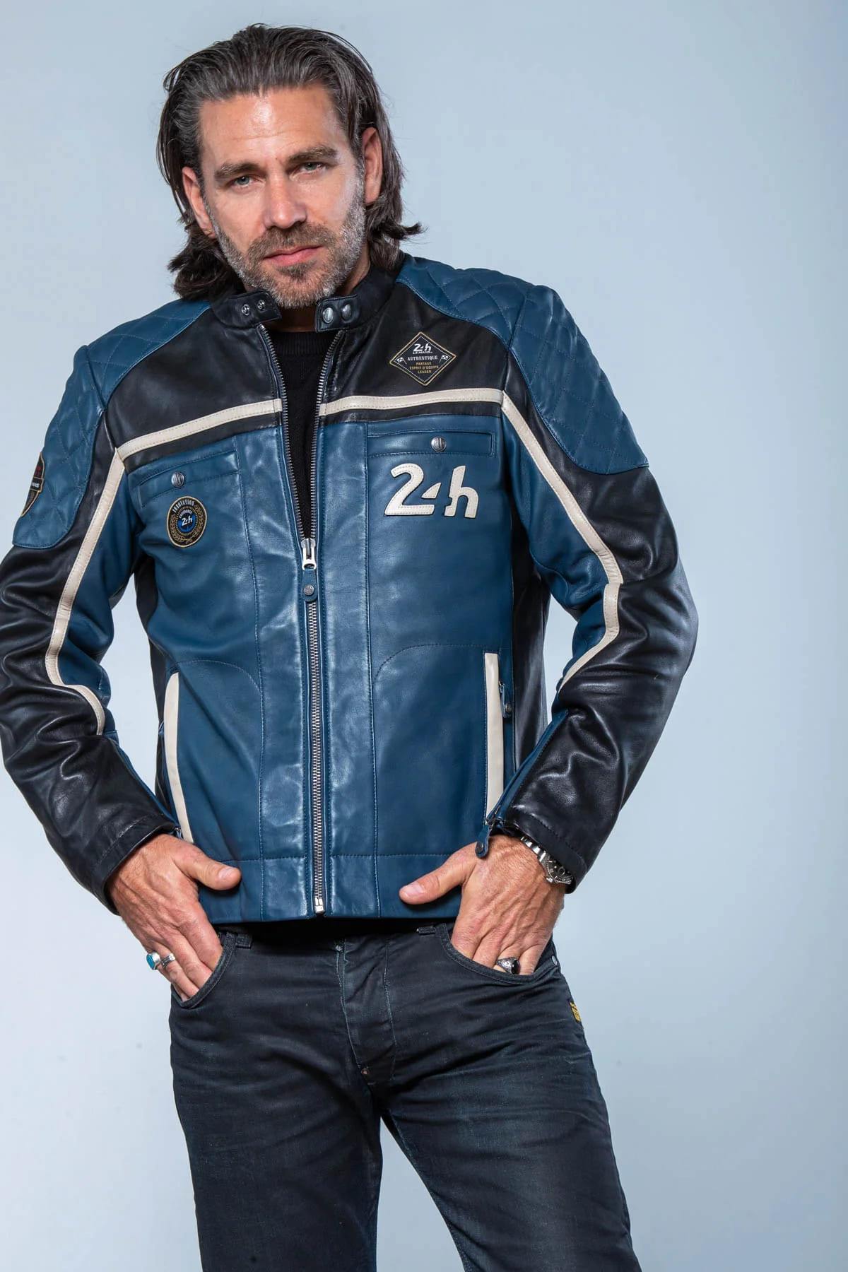 Blue and black leather racing jacket - Image n°5