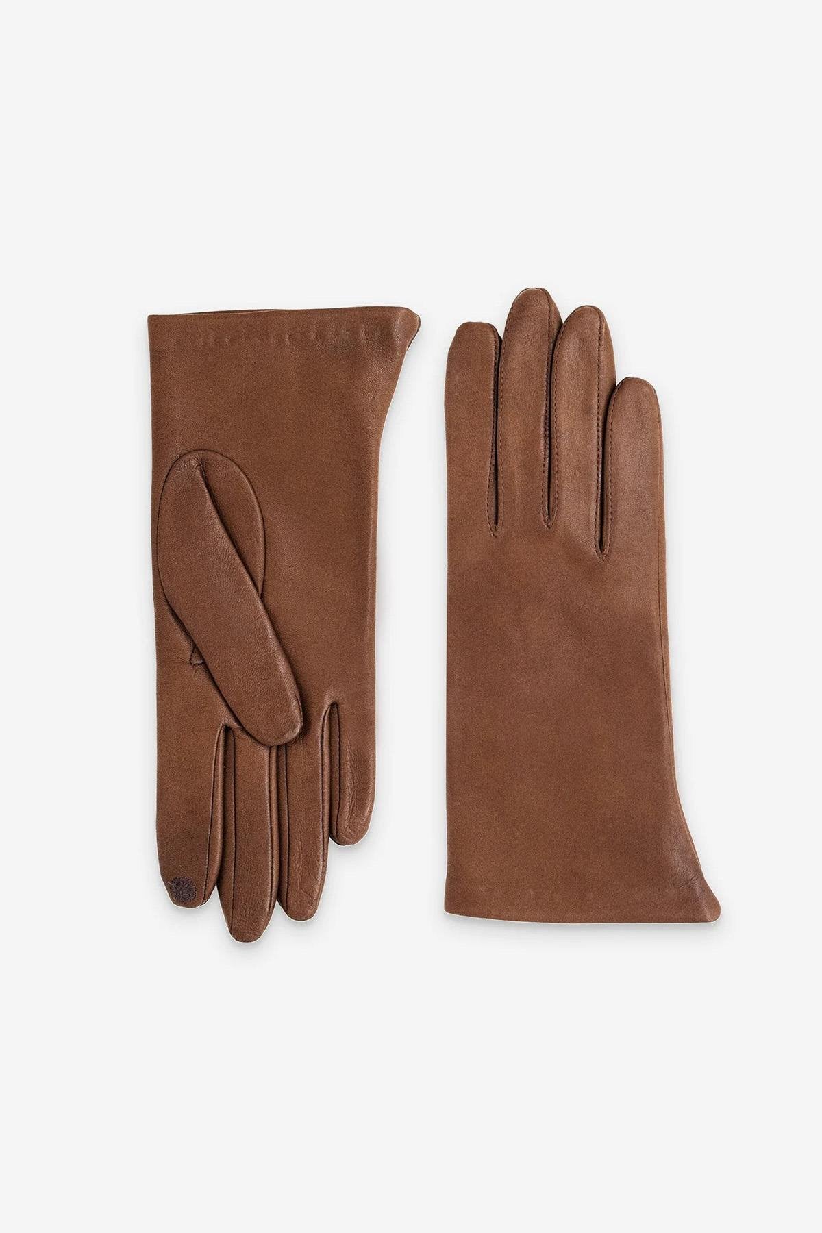 Cork-colored leather gloves lined with silk with touch function - Image n°2