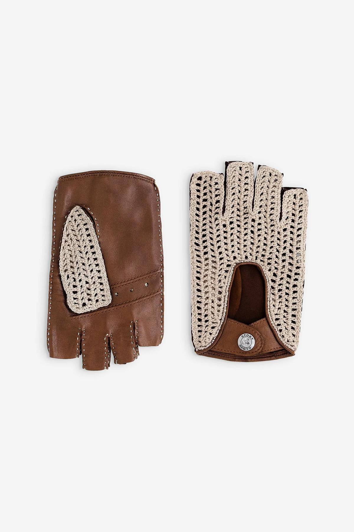 Cork-colored leather mitten driver gloves with cotton hooks - Image n°2