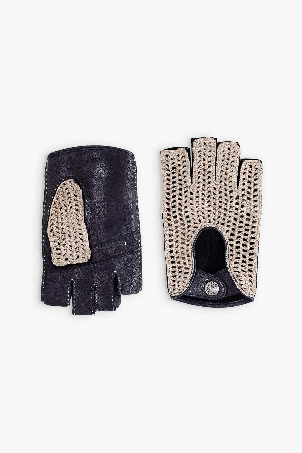 Black Leather Mittens Driver Gloves with Cotton Hooks - Image n°2