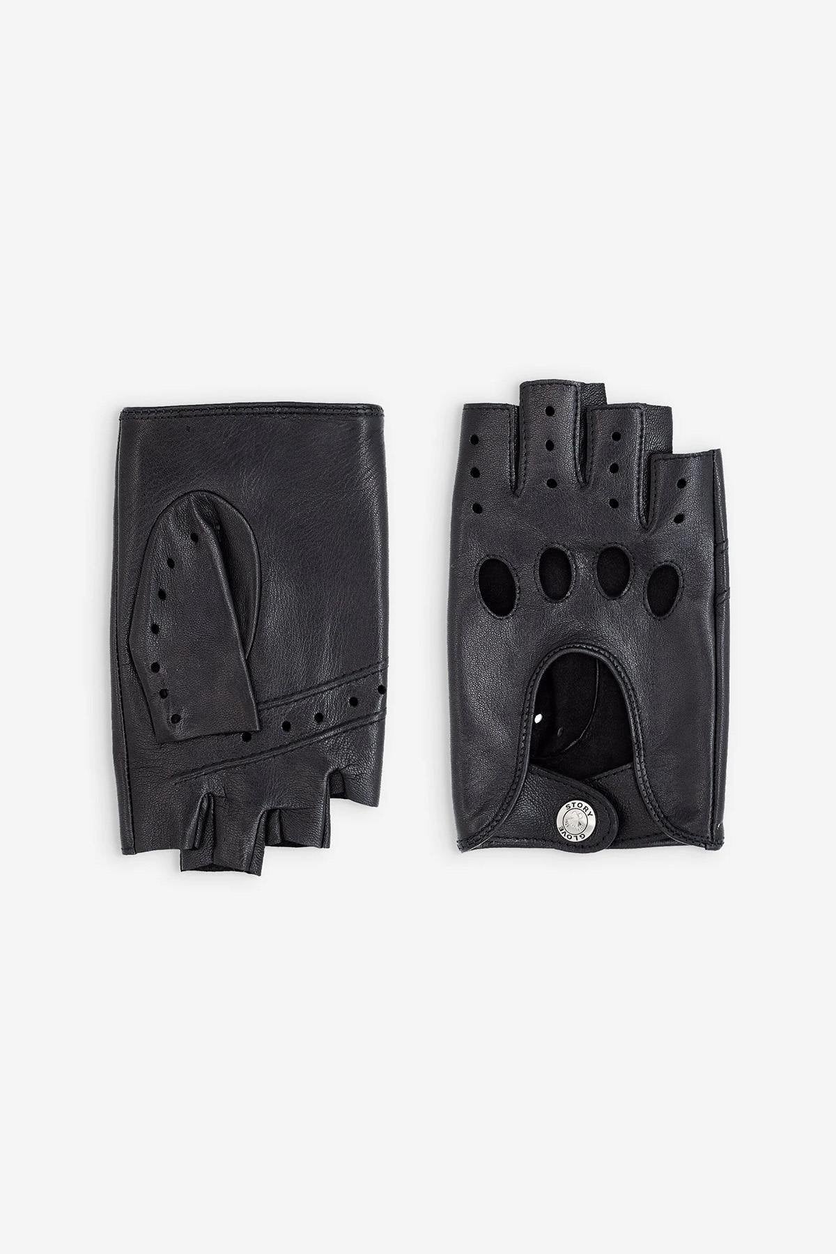 Black Leather Mittens Driving Gloves - Image n°2