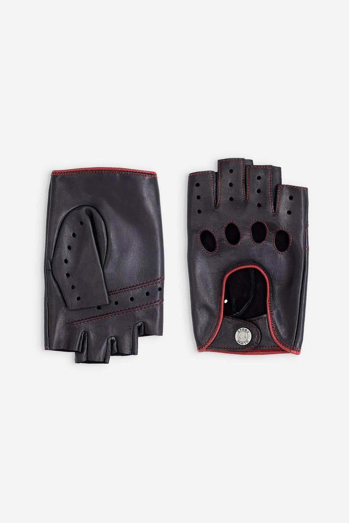 Black and red leather mitten driving gloves - Image n°2