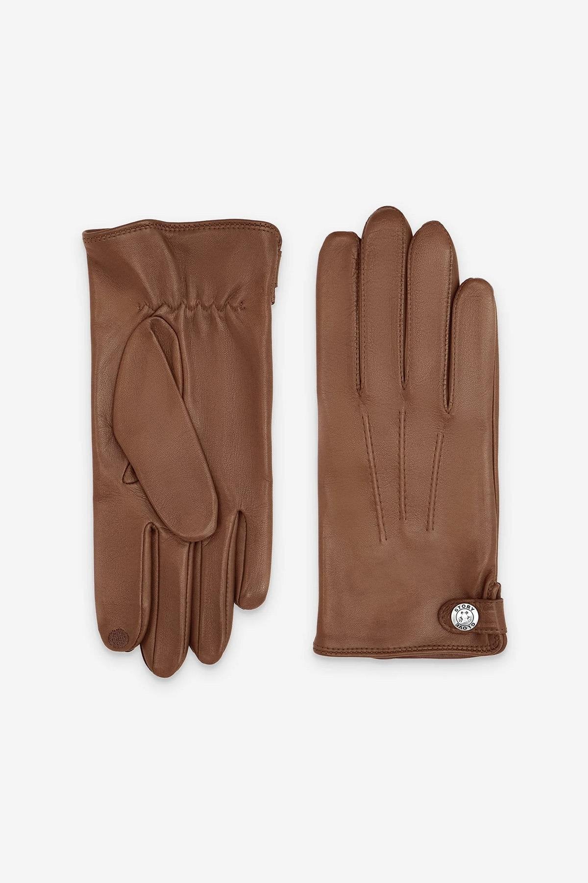 Men's silk-lined leather gloves with touch function in cork color - Image n°2