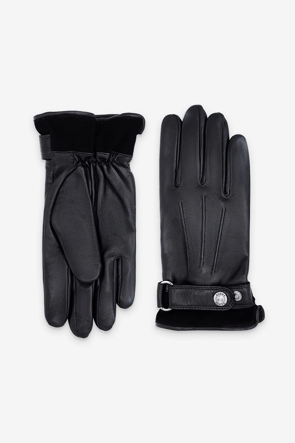 Black prestige leather gloves with suede grip edge - Image n°2