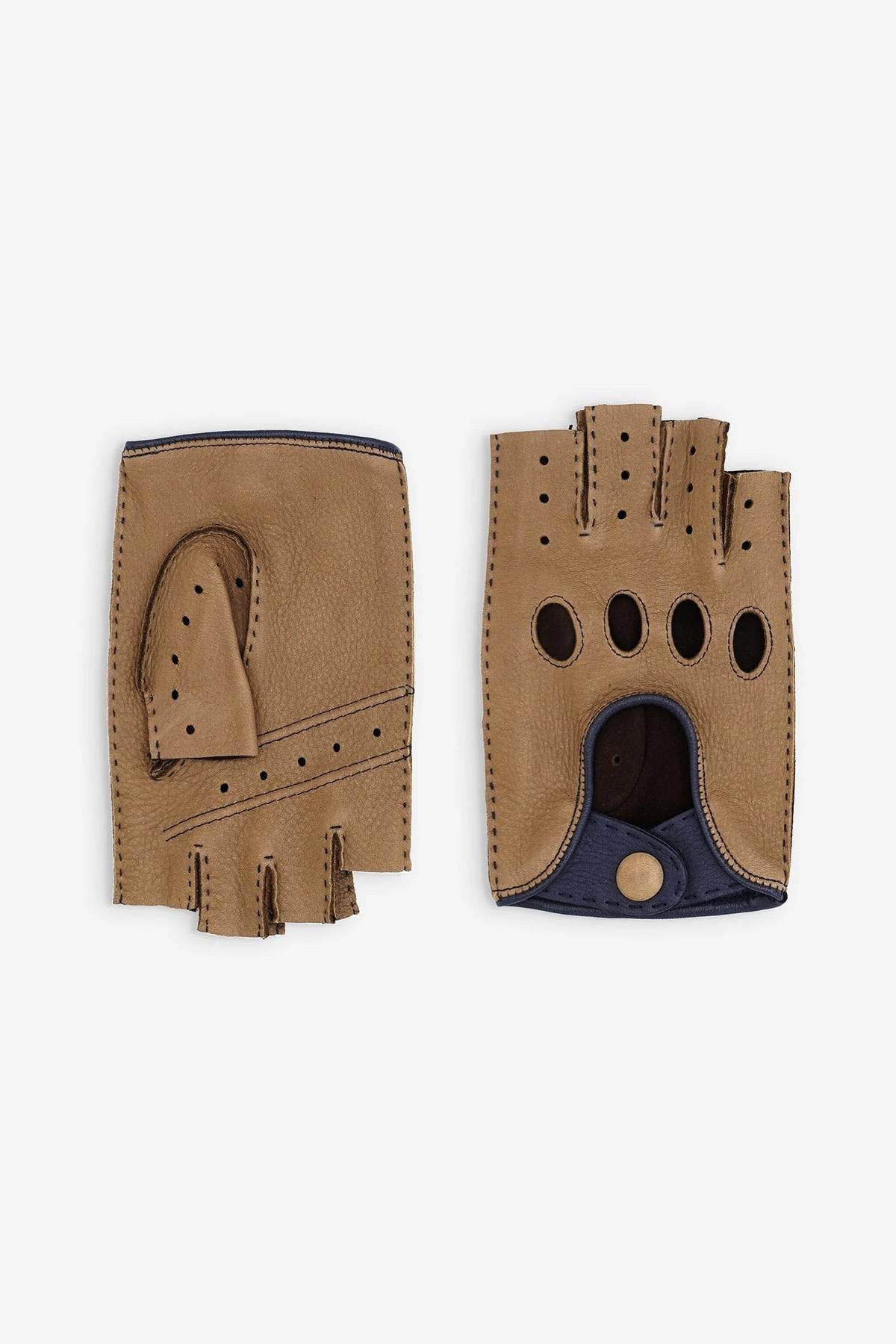 Deerskin Driving Gloves Mittens Cork and Blue - Image n°2