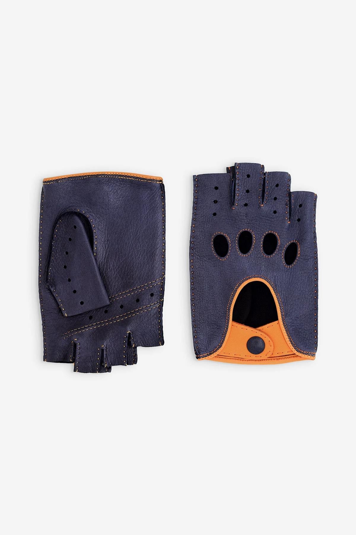 Deerskin Leather Driving Gloves Mittens Blue and Orange - Image n°2