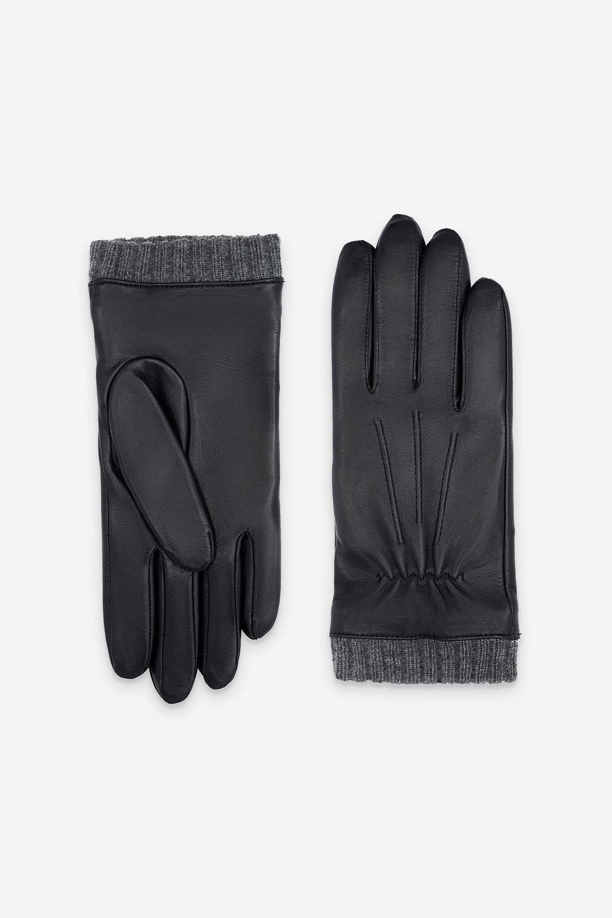 Black leather gloves with fleece lining and wool elastic - Image n°2