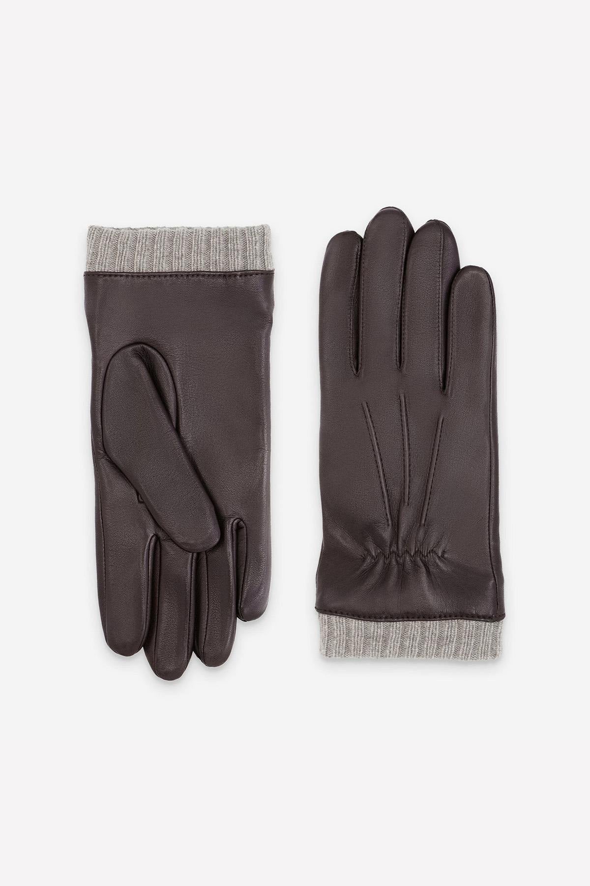 Brown leather gloves with fleece lining and wool elastic - Image n°2