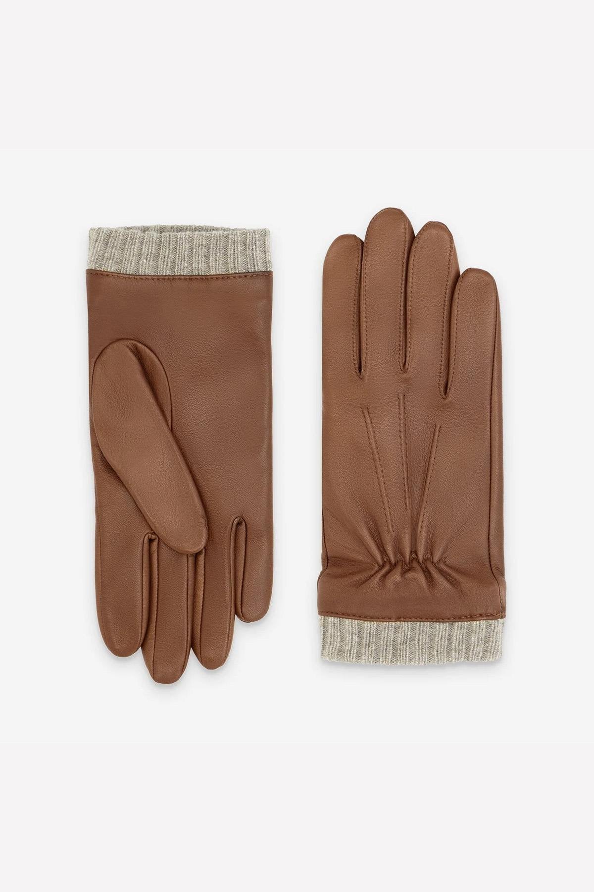 Cork-colored leather gloves with fleece lining and wool elastic - Image n°2