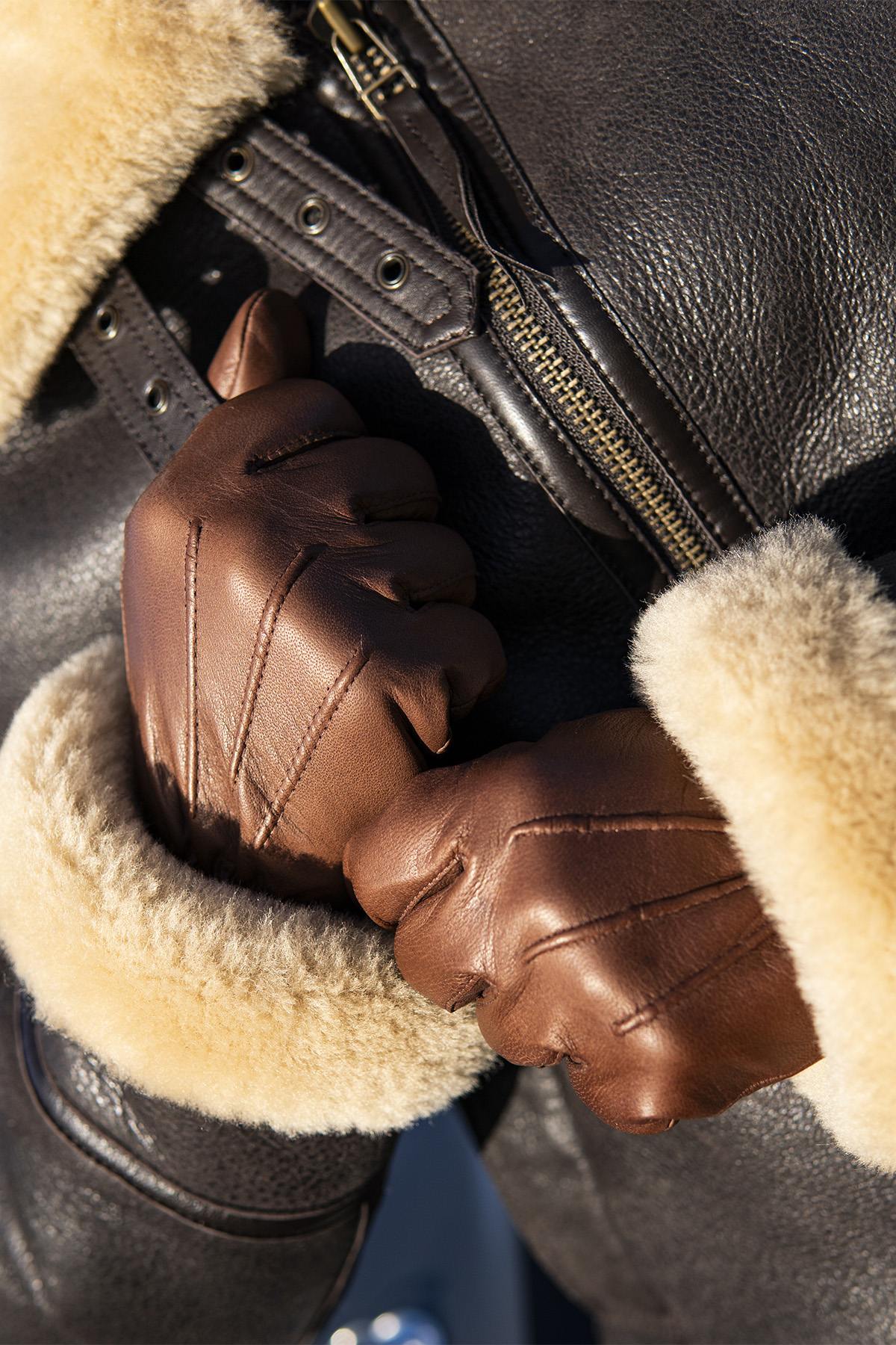 Cork-colored leather gloves with fleece lining and wool elastic - Image n°1