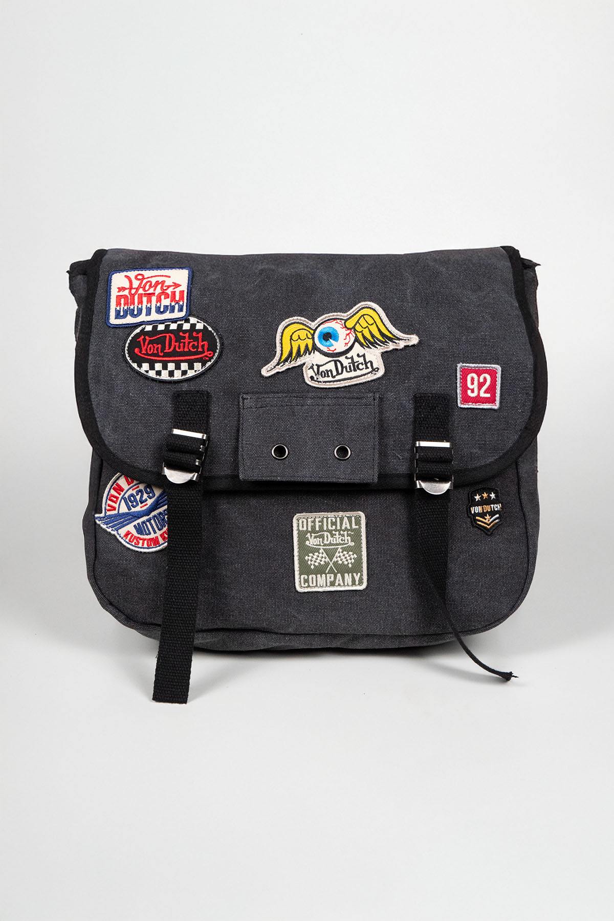 Grey satchel bag with patches - Image n°1