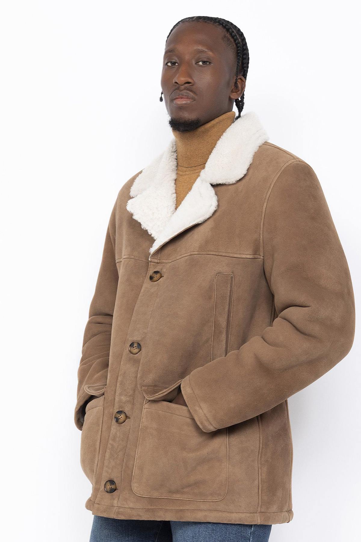 Light camel double-sided suede sheepskin coat - Image n°1