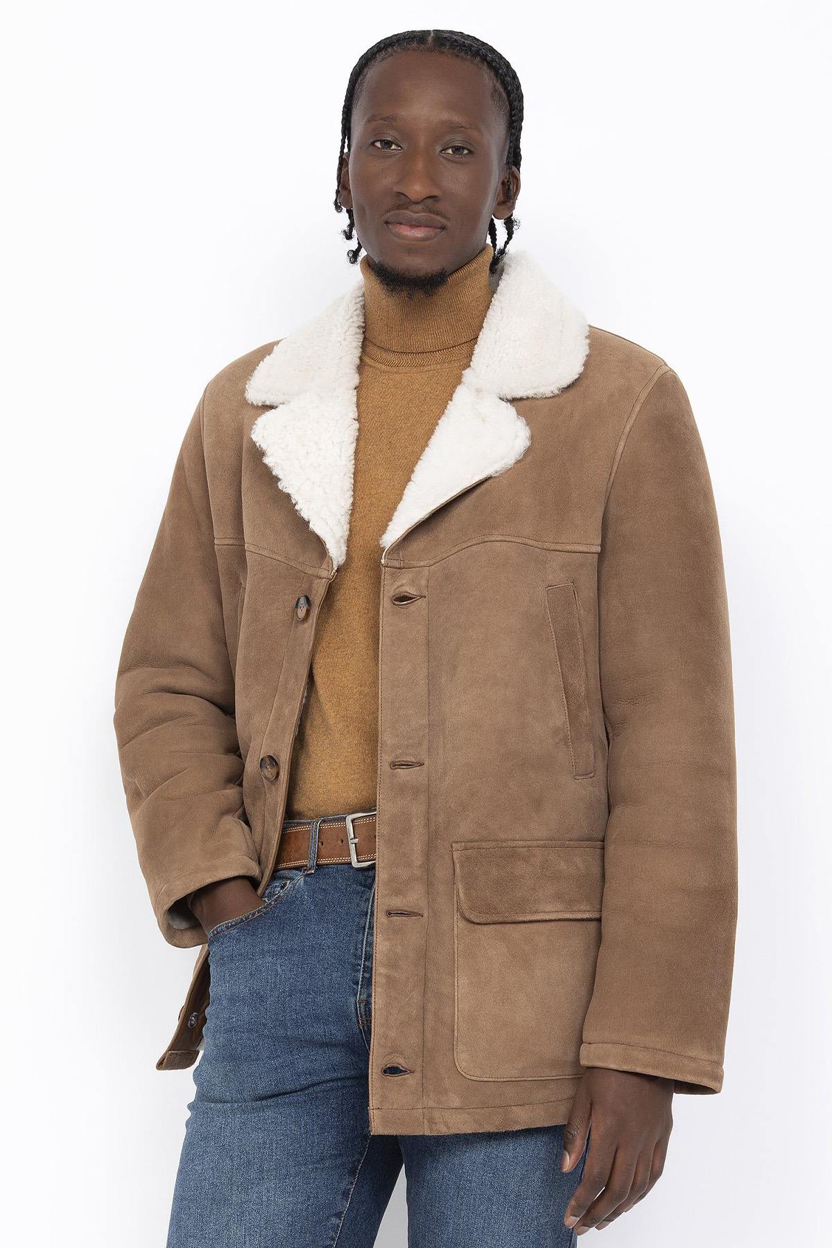 Light camel double-sided suede sheepskin coat - Image n°3