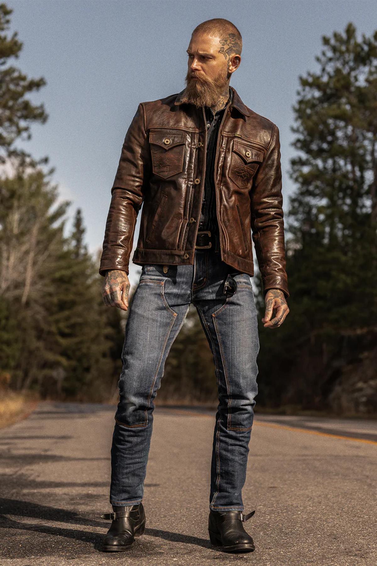 Distressed look trucker style leather jacket - Image n°1