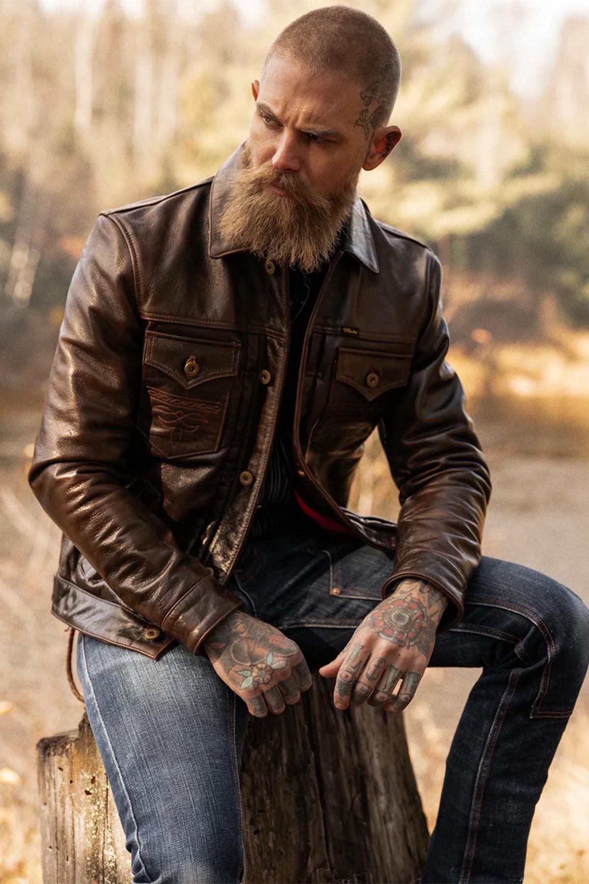 Distressed look trucker style leather jacket - Image n°8