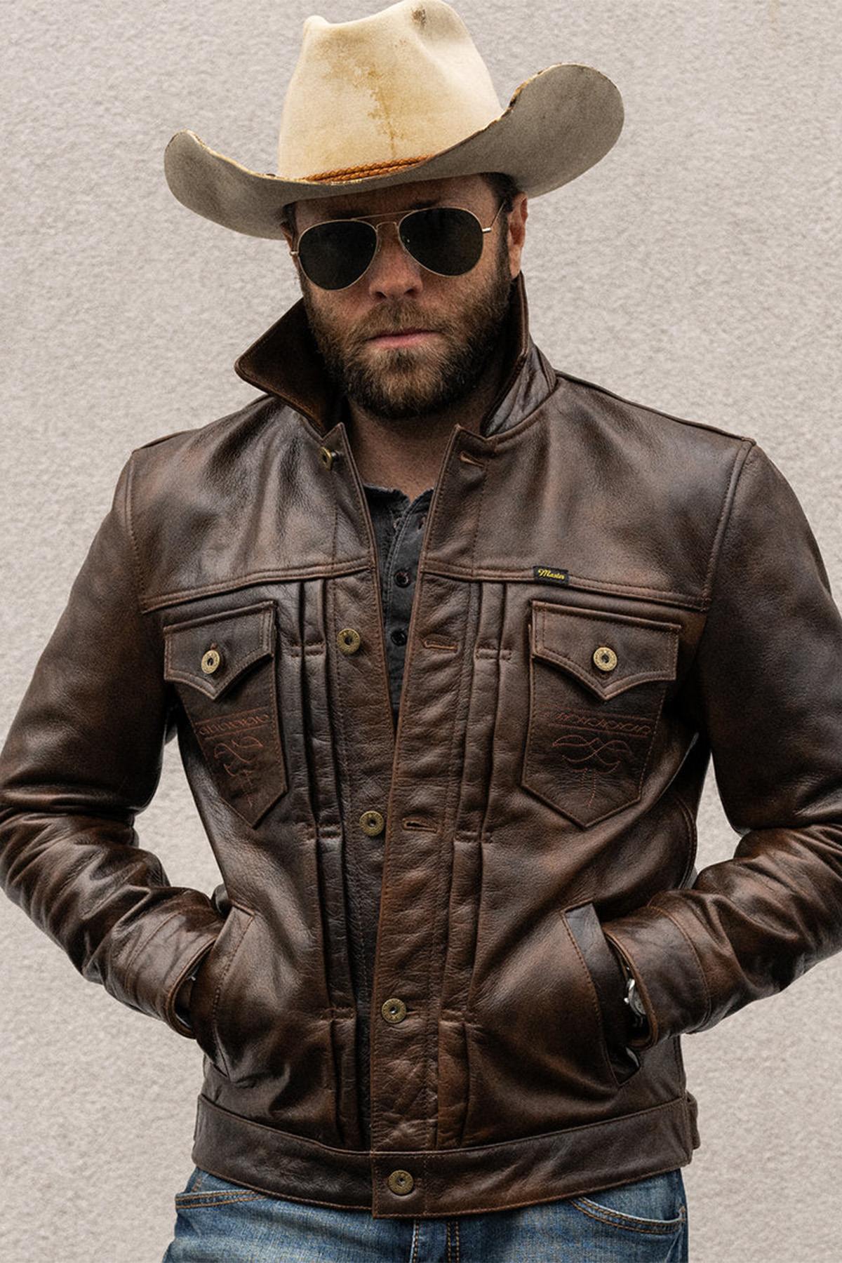 Distressed look trucker style leather jacket - Image n°11